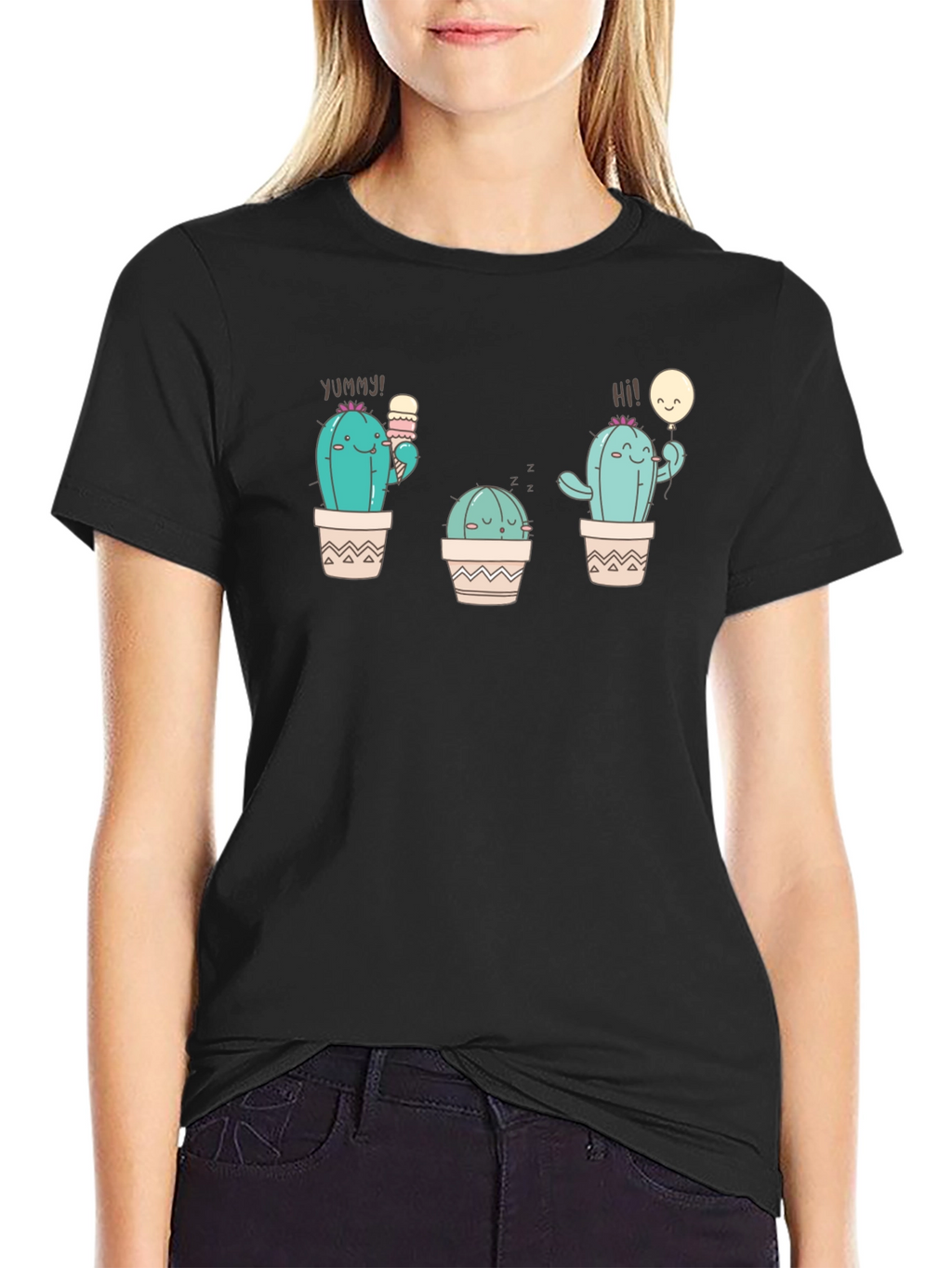Cute Cactus Graphic Tee - Black Cotton T-Shirt