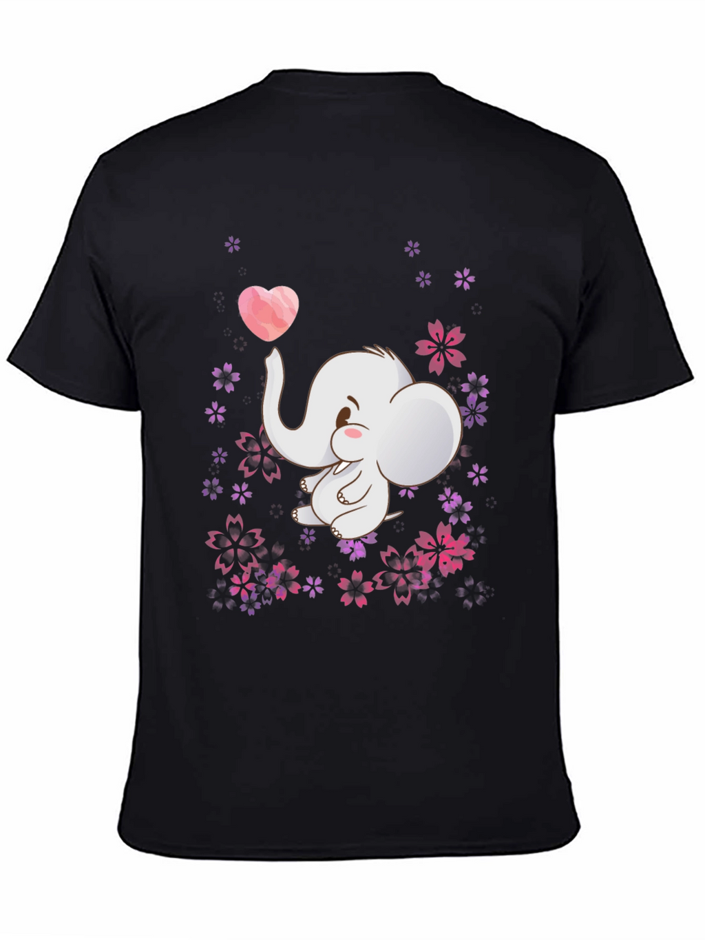 Cute Elephant Heart Flowers Black T-Shirt