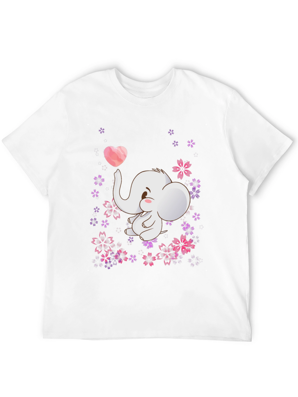 Cute Elephant Heart Flowers Black T-Shirt