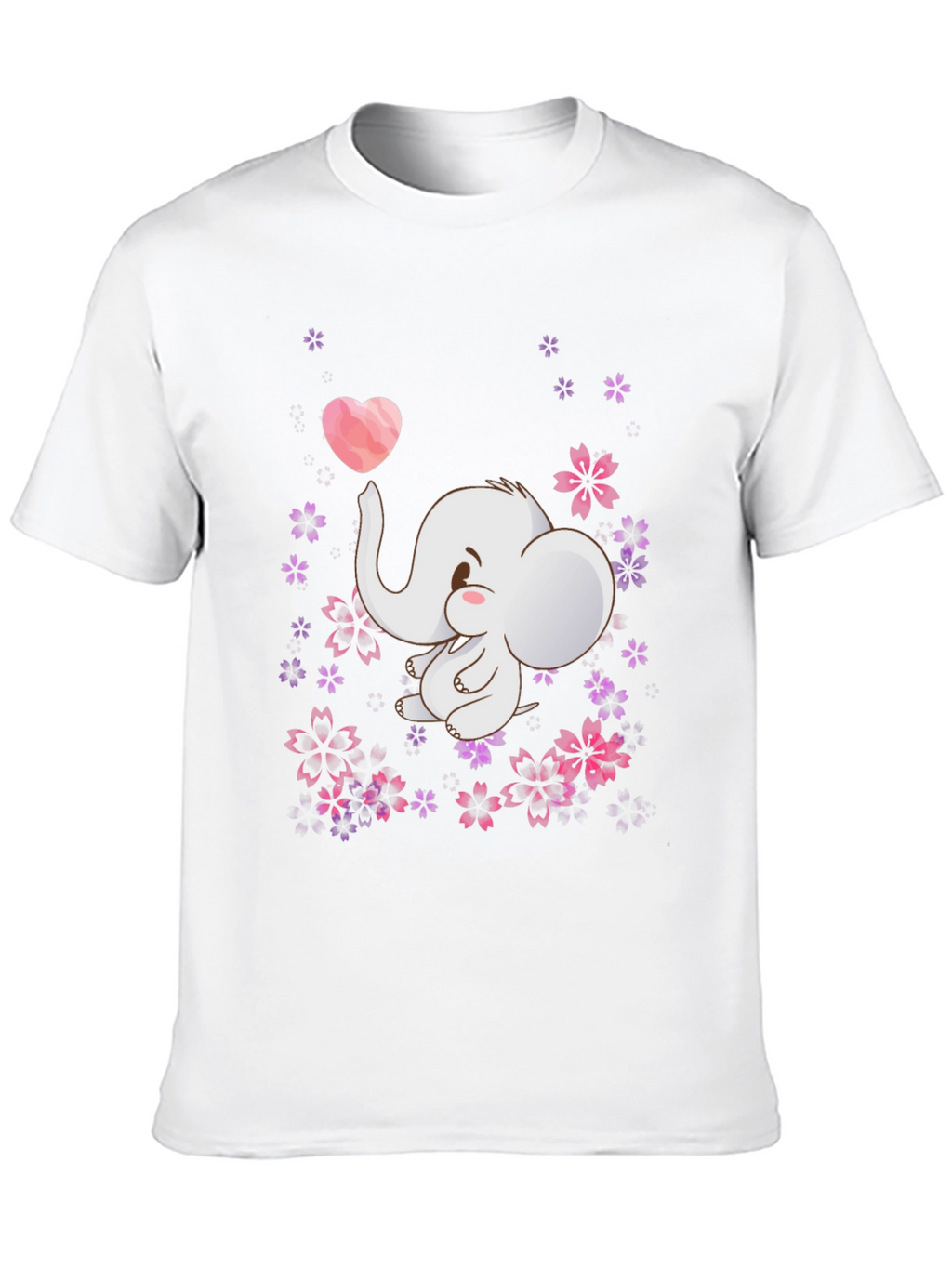 Cute Elephant Heart Flowers Black T-Shirt