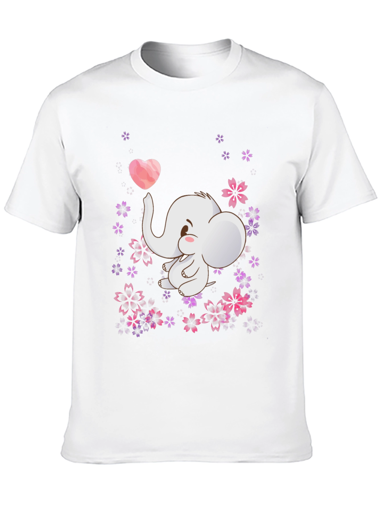 Cute Elephant Heart Flowers Black T-Shirt