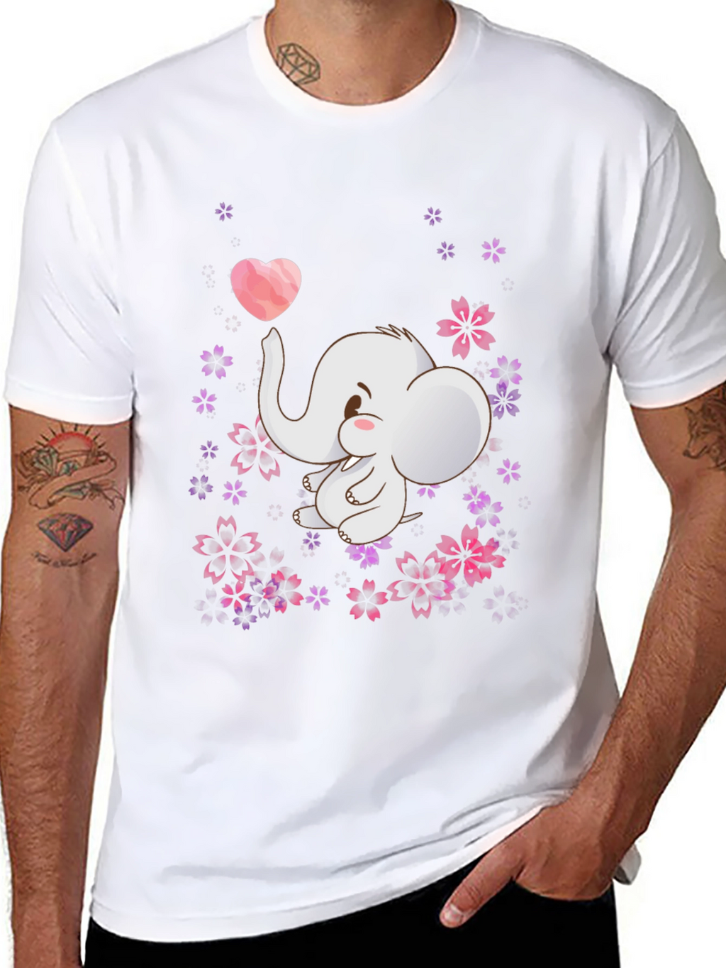 Cute Elephant Heart Flowers Black T-Shirt