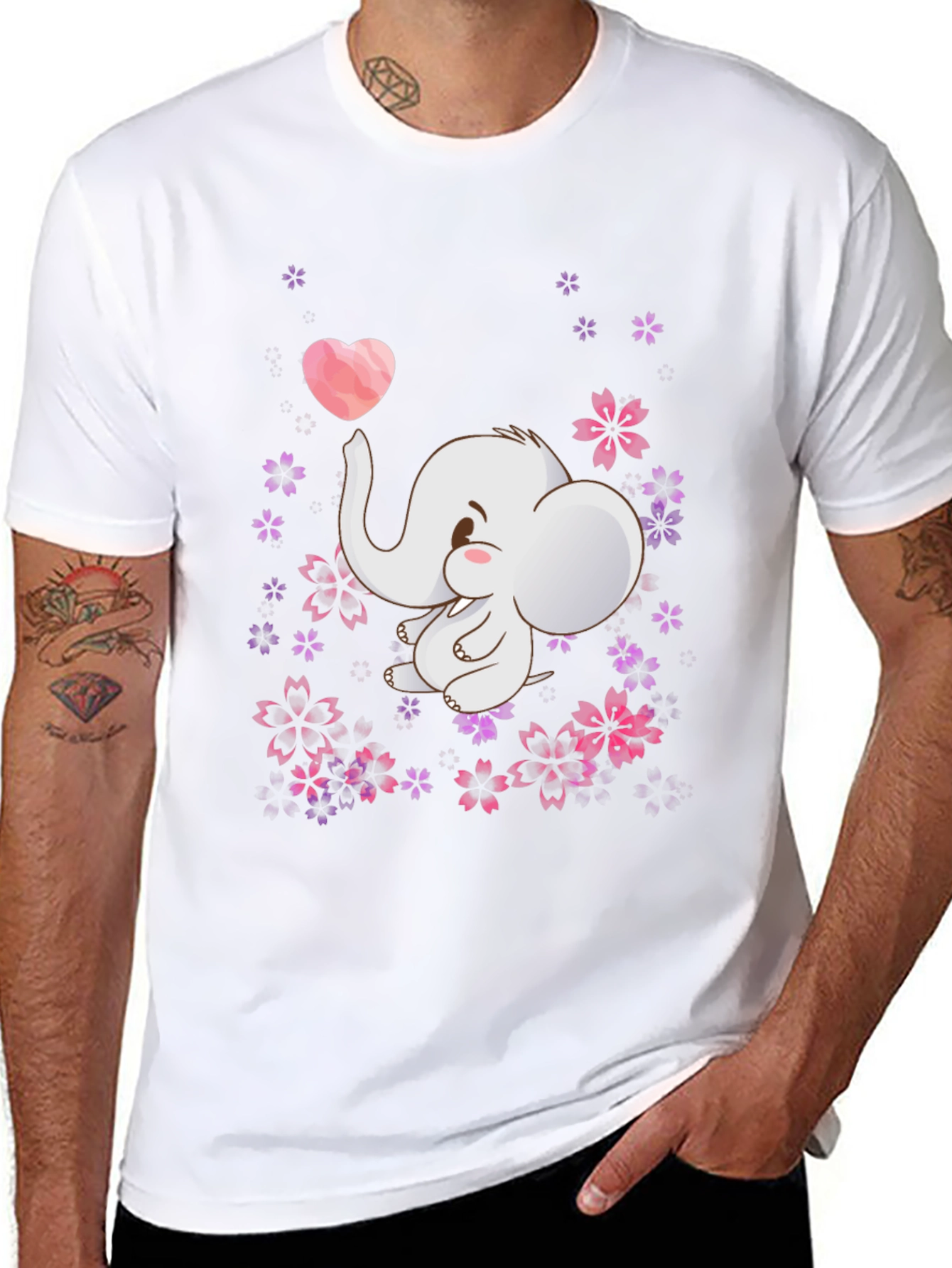 Cute Elephant Heart Flowers Black T-Shirt