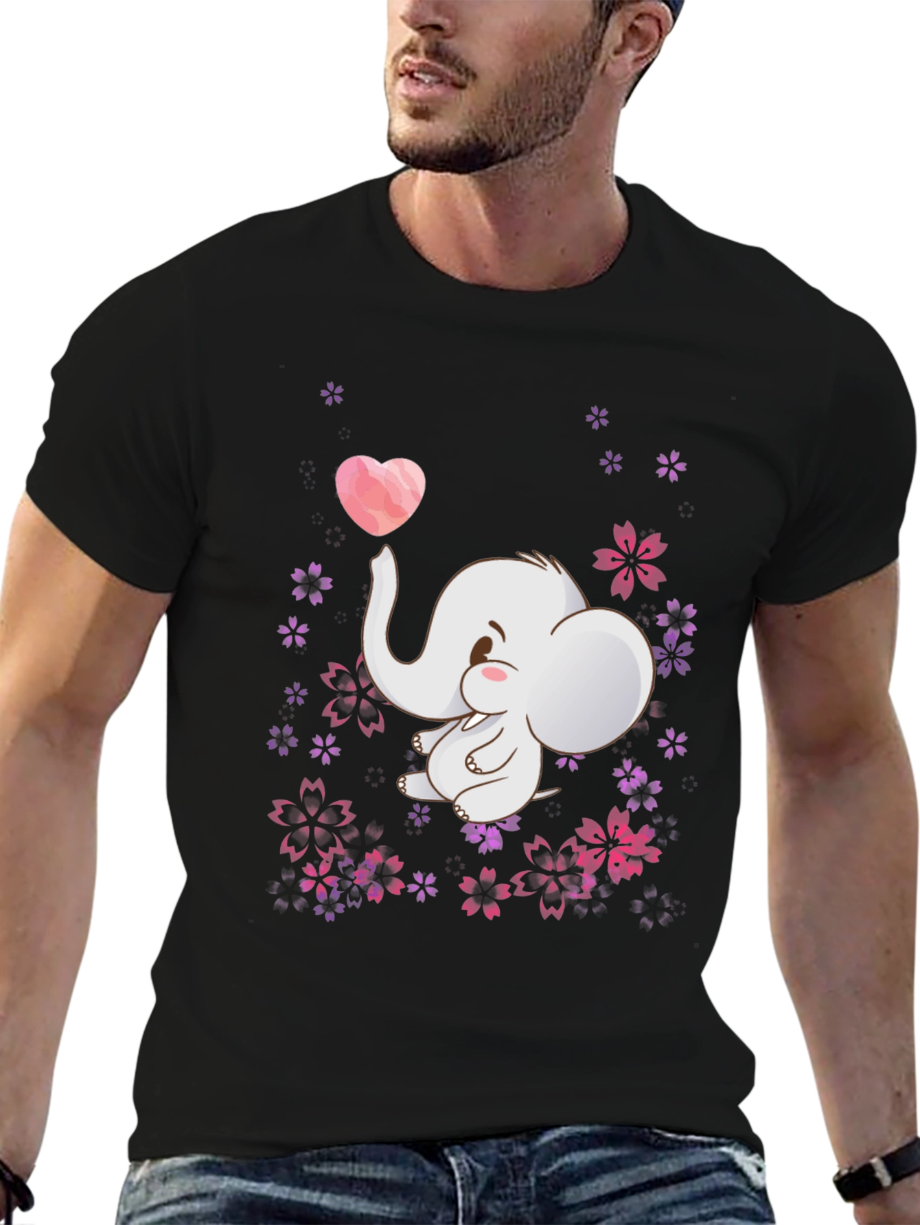 Cute Elephant Heart Flowers Black T-Shirt