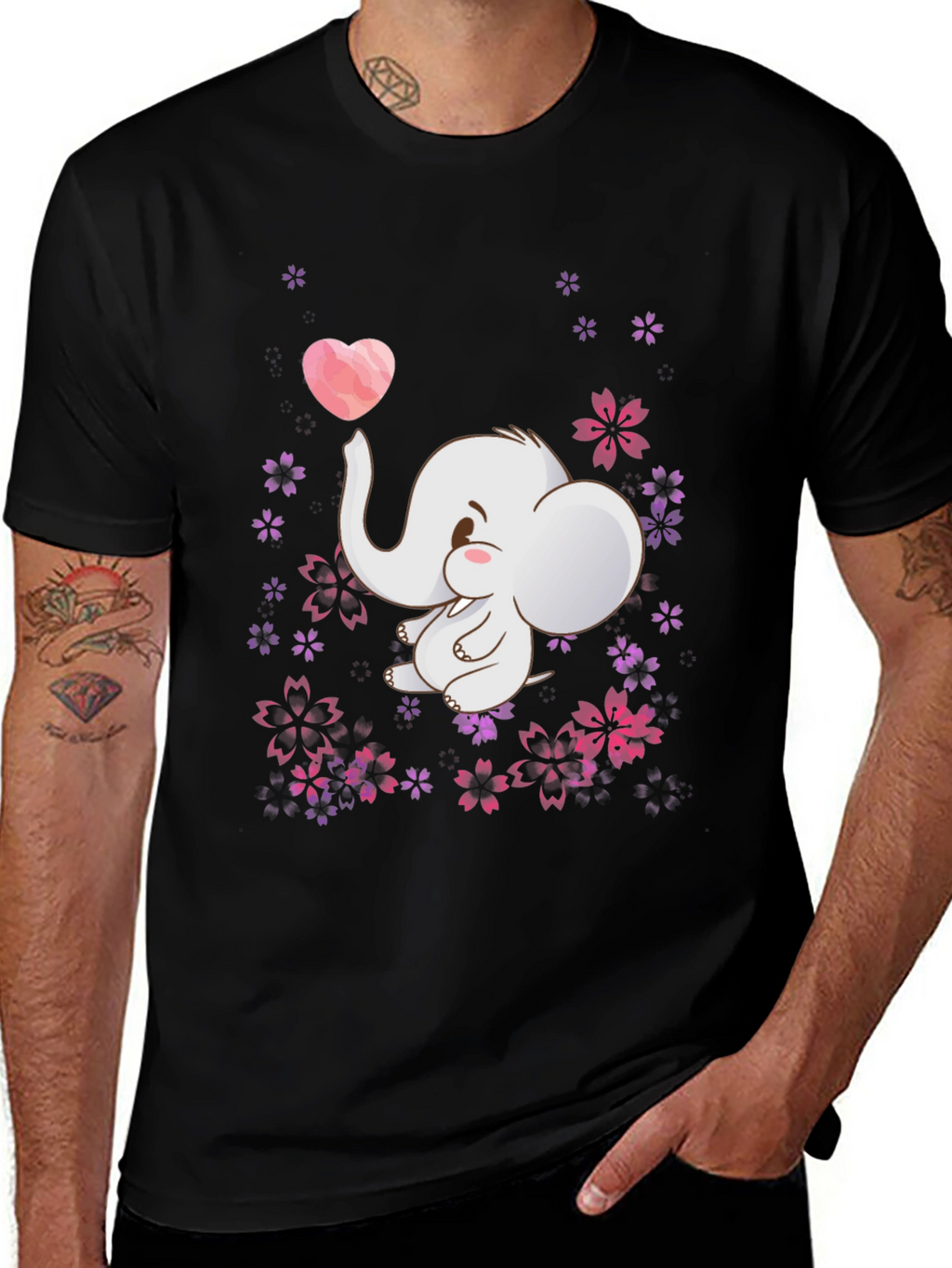Cute Elephant Heart Flowers Black T-Shirt