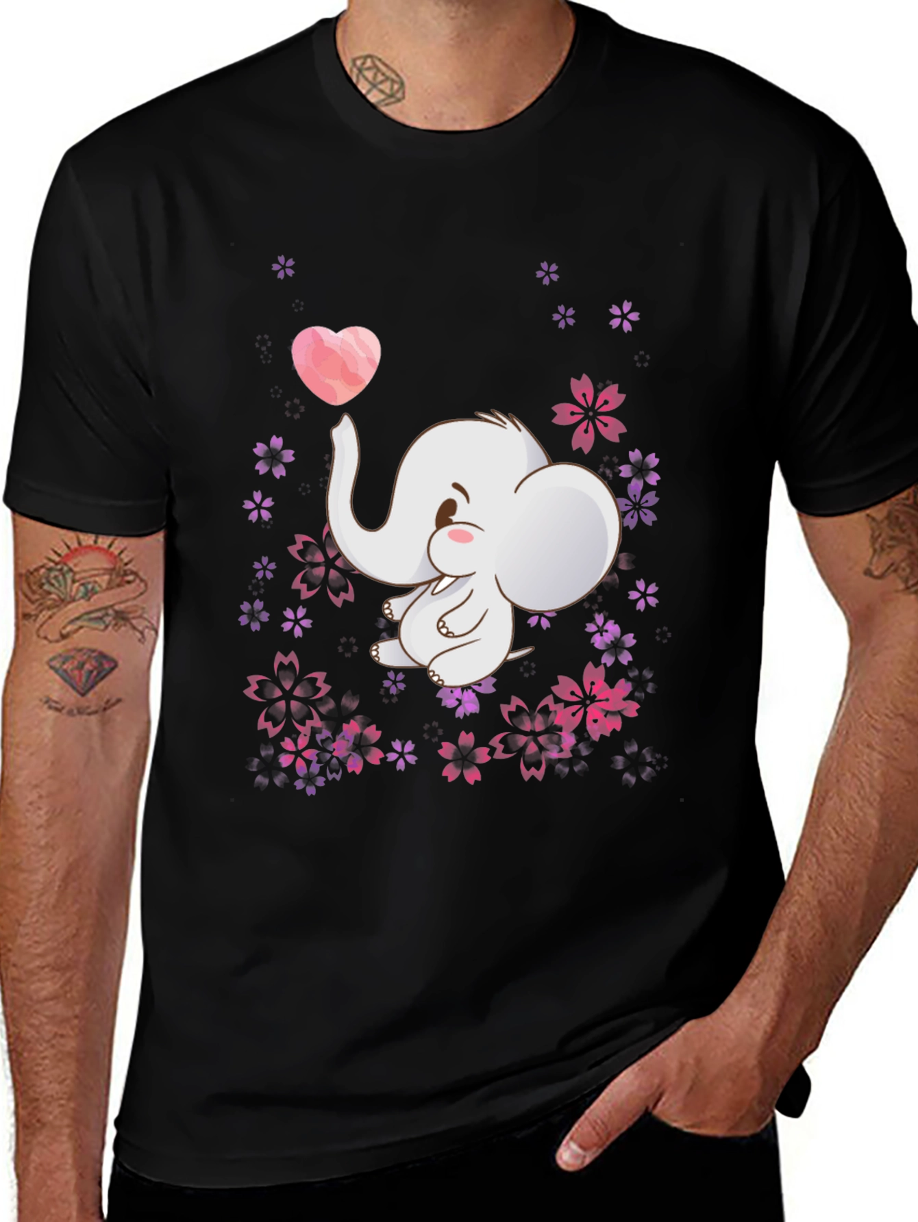 Cute Elephant Heart Flowers Black T-Shirt