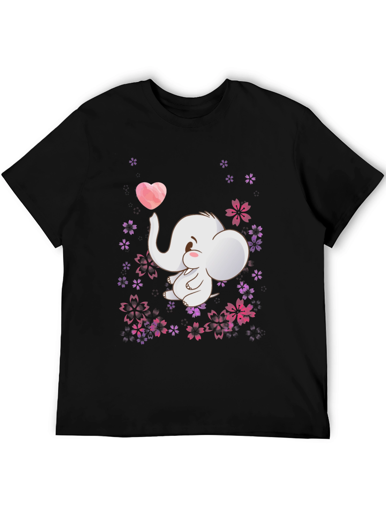 Cute Elephant Heart Flowers Black T-Shirt