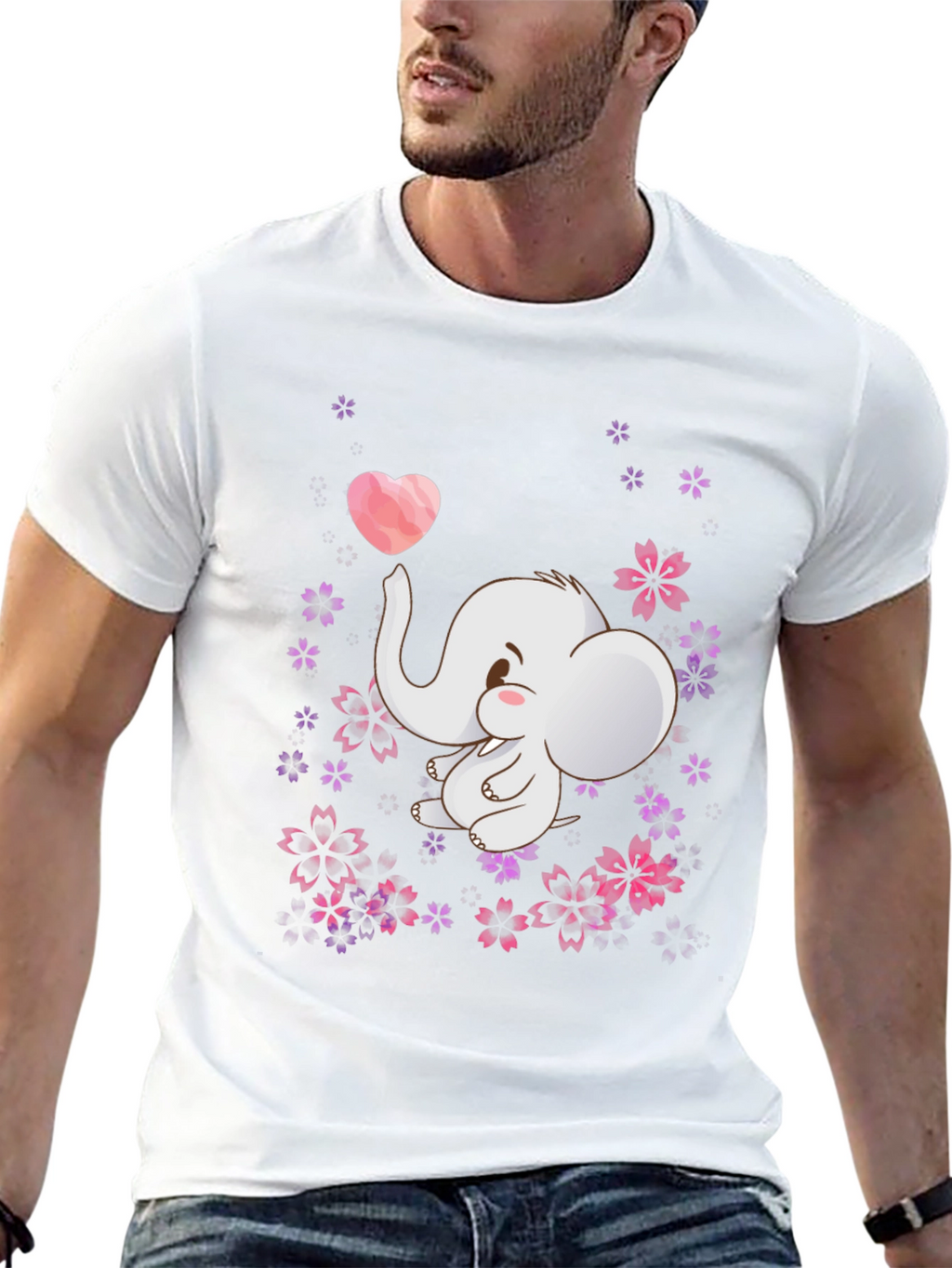 Cute Elephant Heart Flowers Black T-Shirt