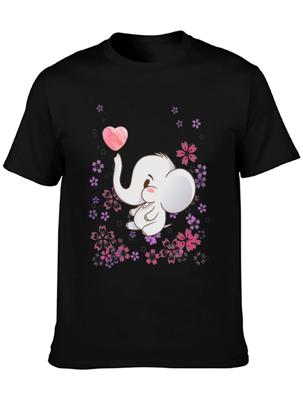 Cute Elephant Heart Flowers Black T-Shirt