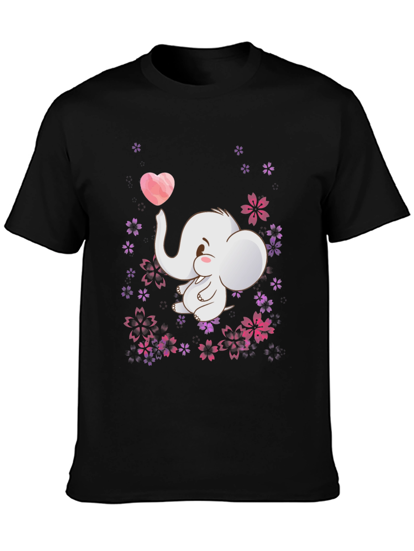 Cute Elephant Heart Flowers Black T-Shirt