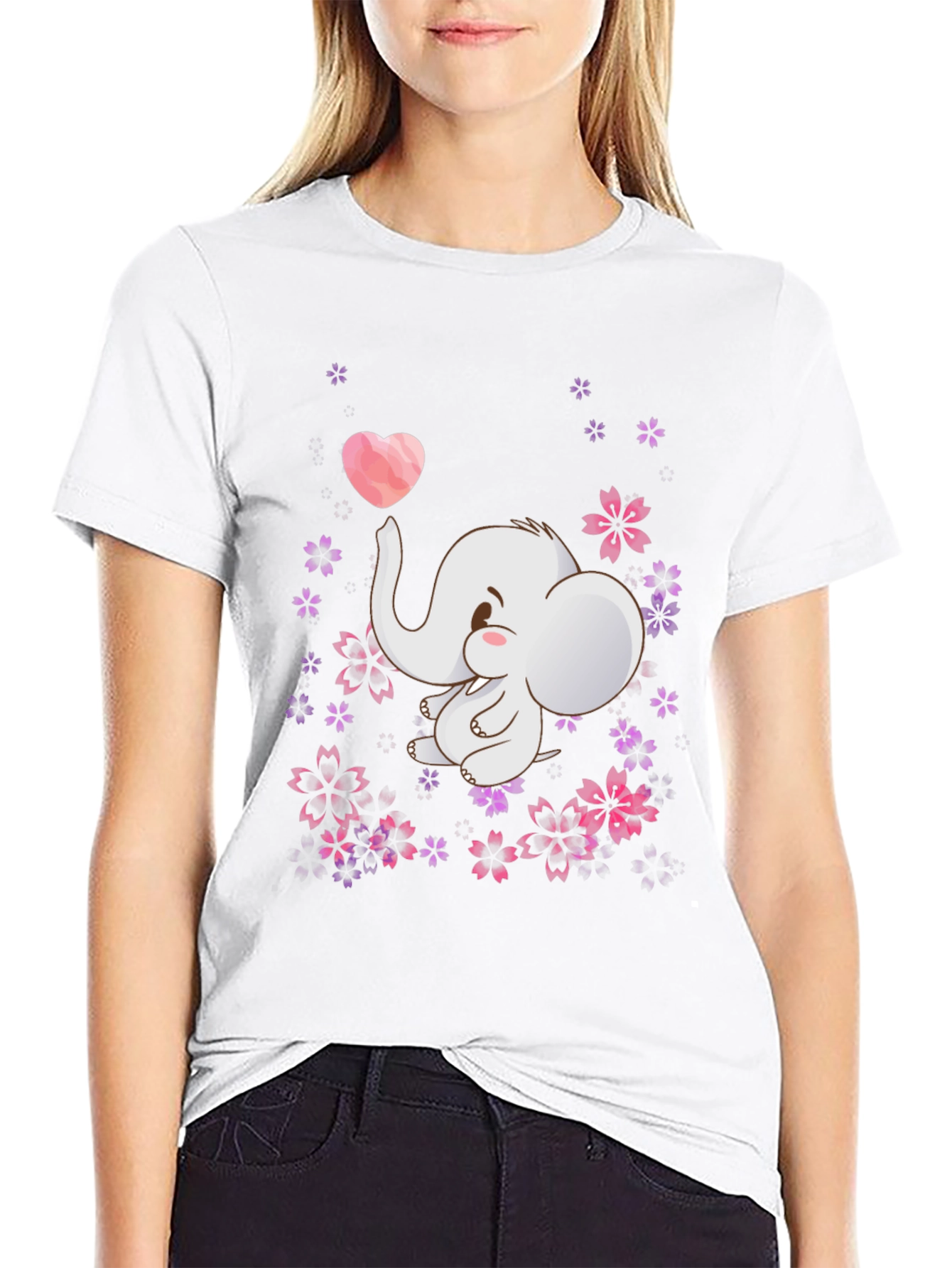 Cute Elephant Heart Flowers Black T-Shirt