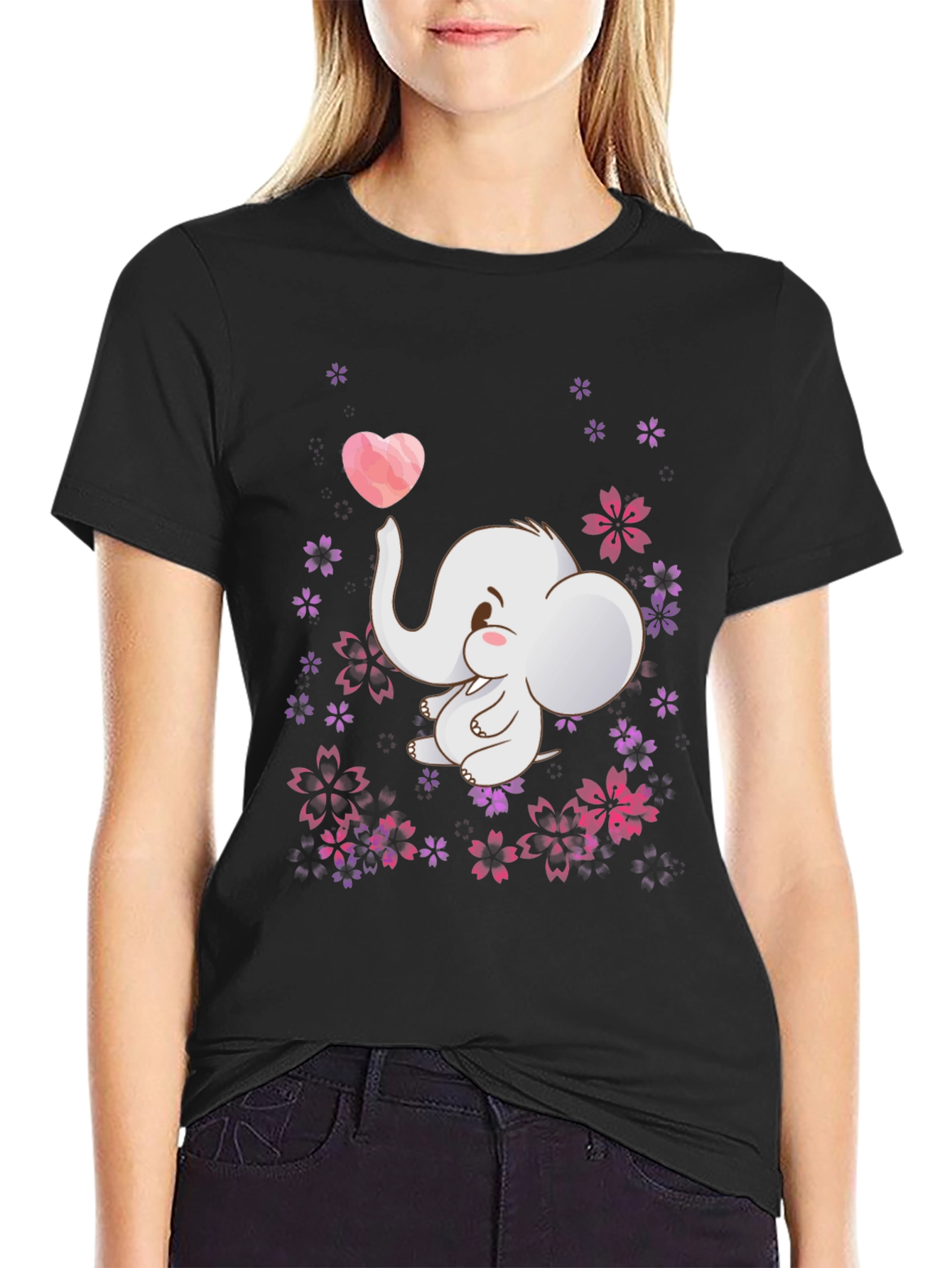 Cute Elephant Heart Flowers Black T-Shirt