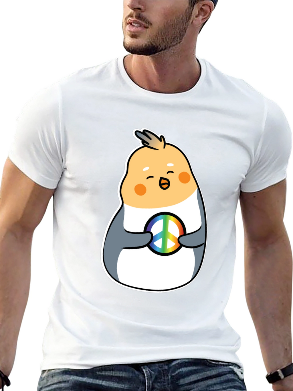 Cockatiel Peace Sign Graphic Tee - Black Cotton Blend