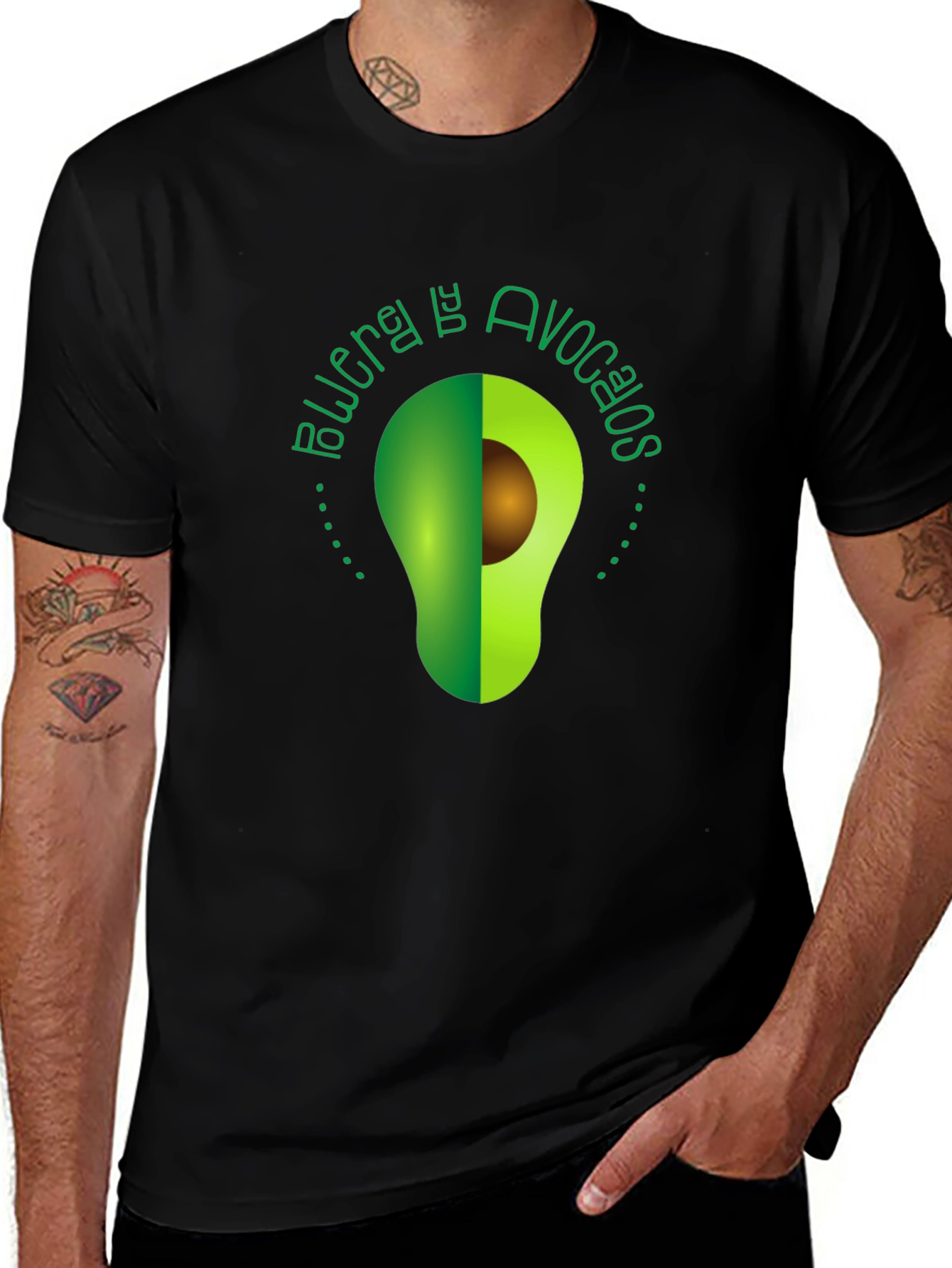 Avocado Power Tee - Unique Graphic Print Black T-Shirt