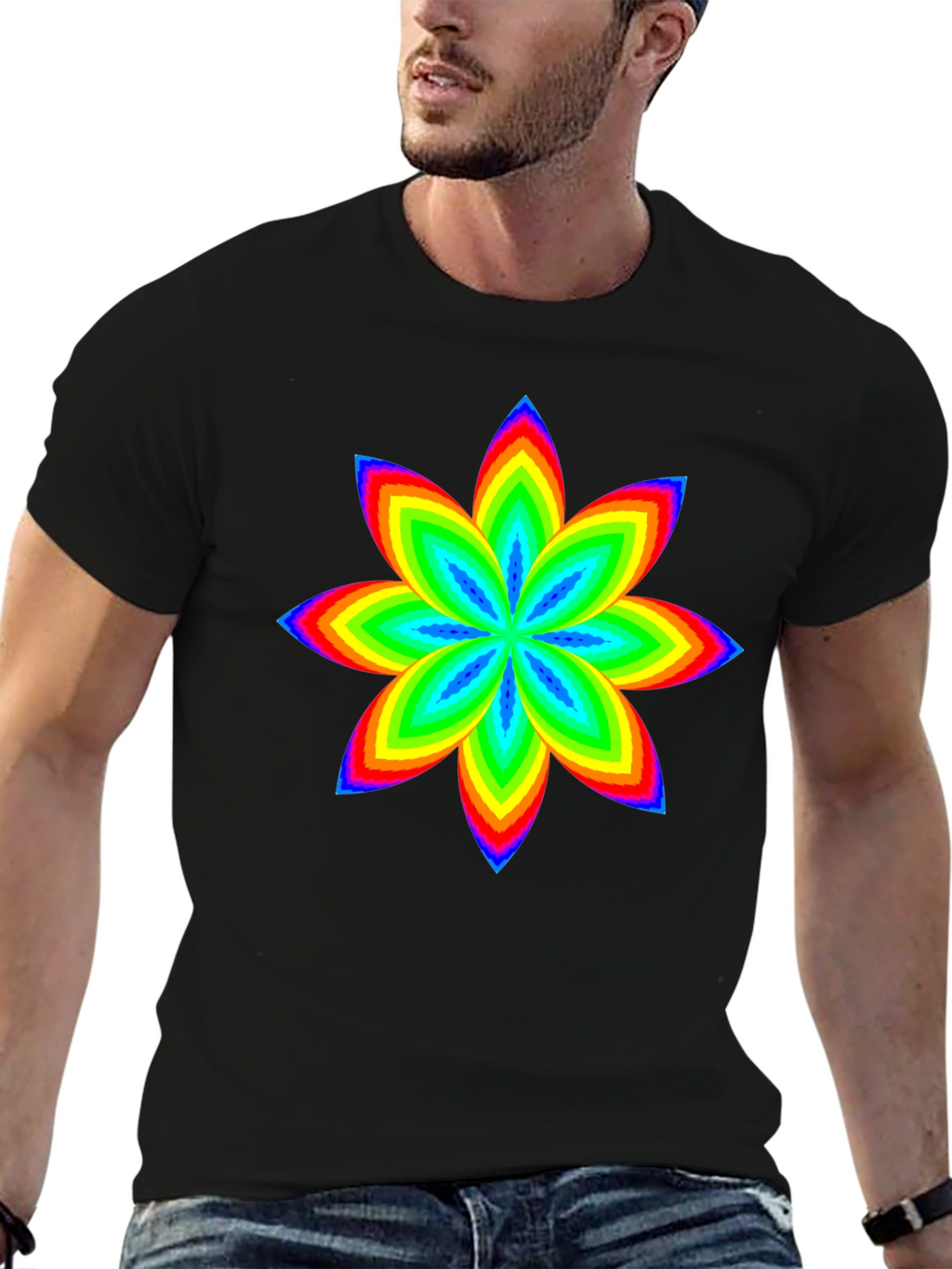 Rainbow Flower Graphic Black T-Shirt