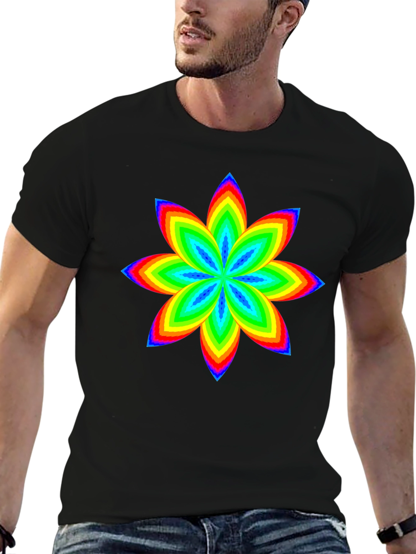 Rainbow Flower Graphic Black T-Shirt