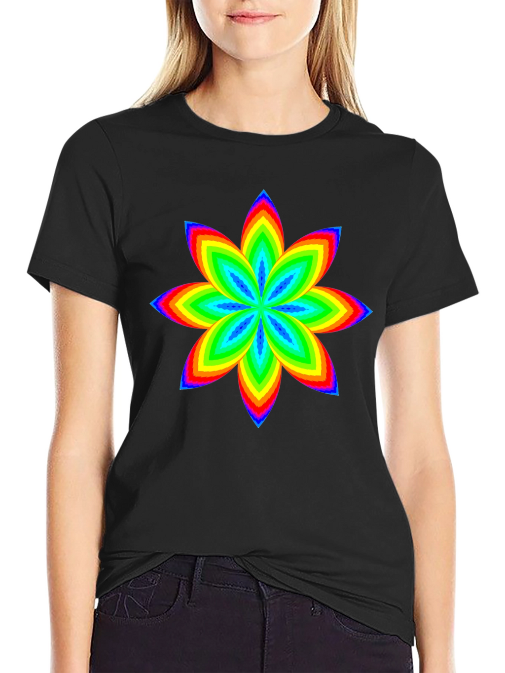 Rainbow Flower Graphic Black T-Shirt