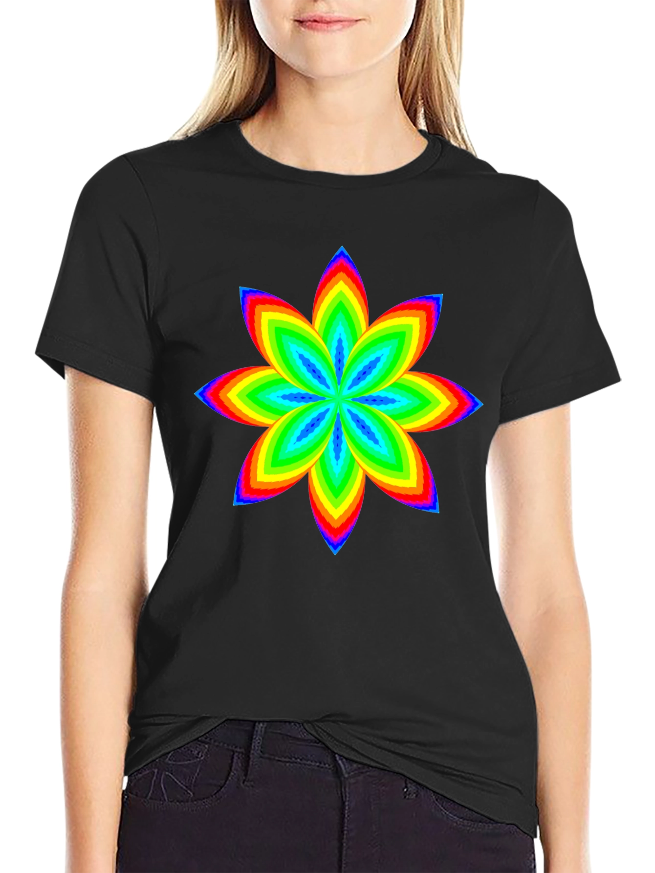 Rainbow Flower Graphic Black T-Shirt