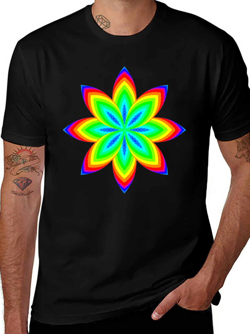 Rainbow Flower Graphic Black T-Shirt