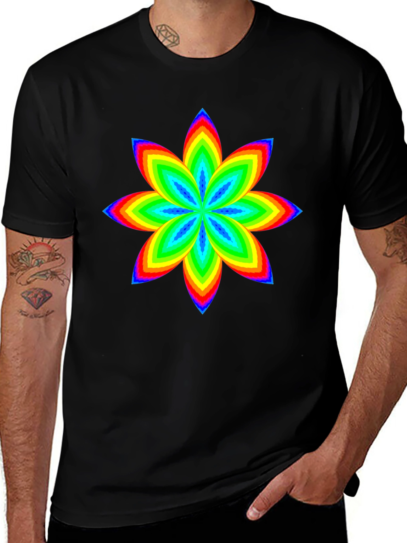 Rainbow Flower Graphic Black T-Shirt