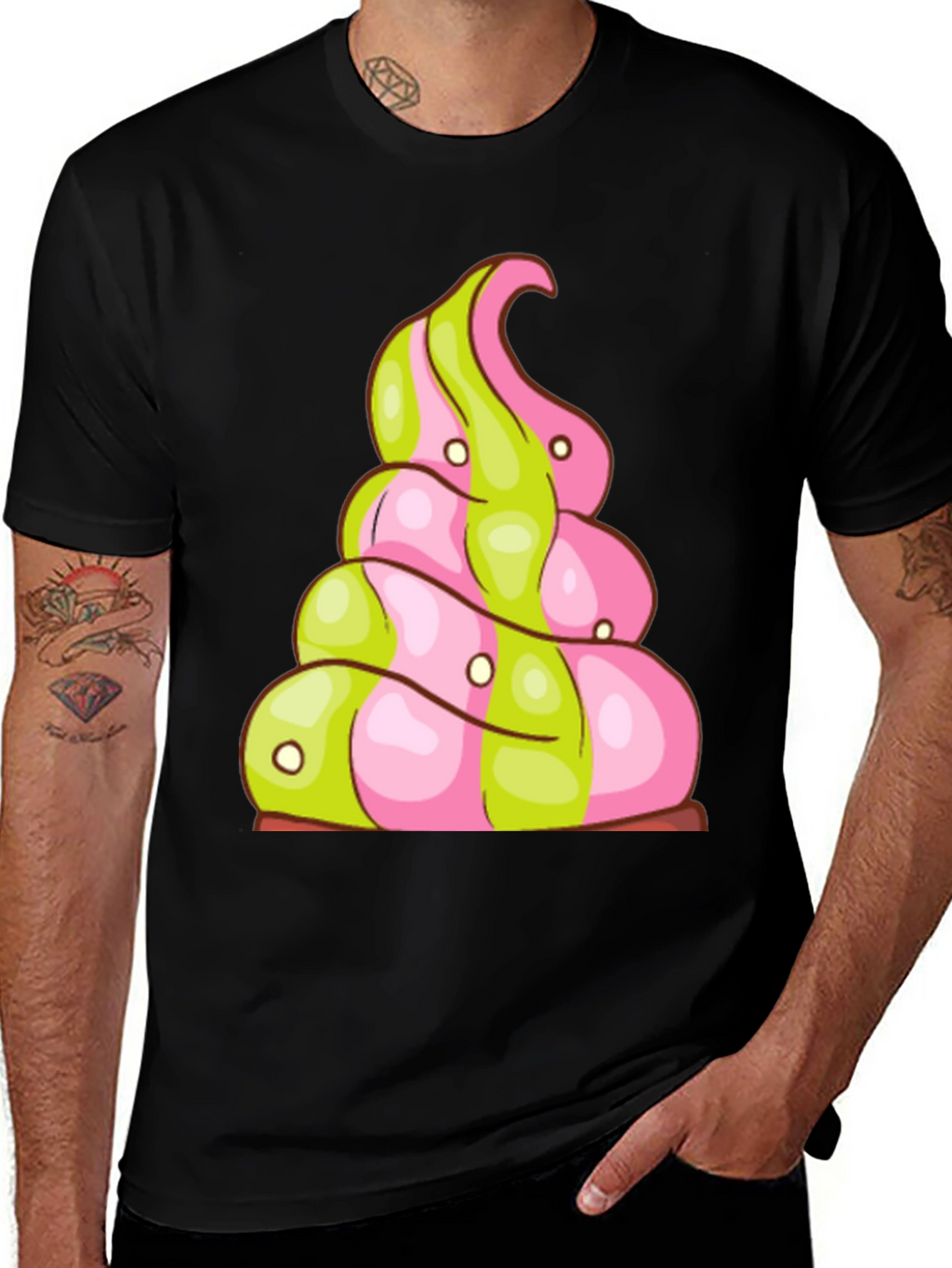 Novelty Treat T-Shirt: Pink and Green Swirl Design
