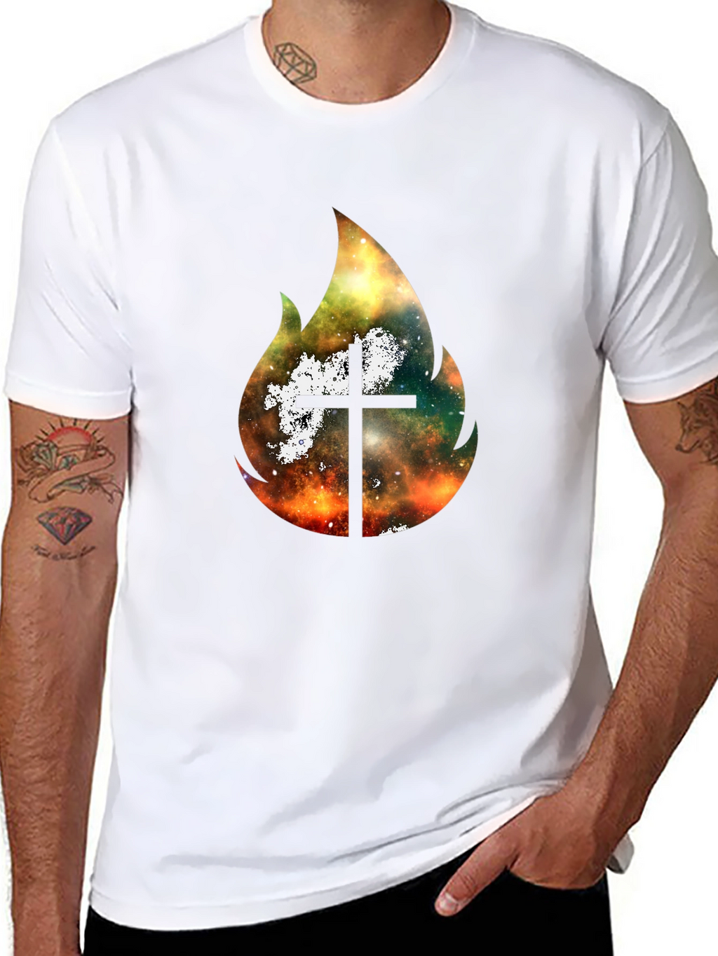 Celestial Cross Flame Graphic T-Shirt