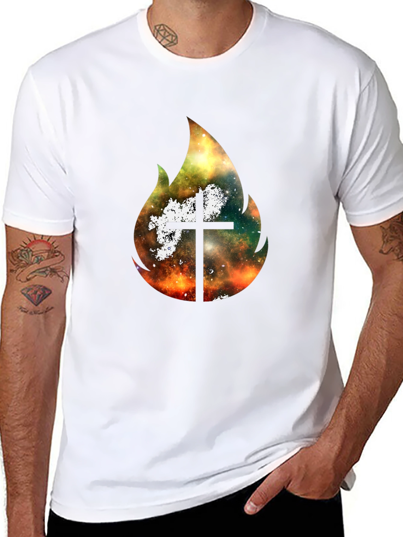 Celestial Cross Flame Graphic T-Shirt