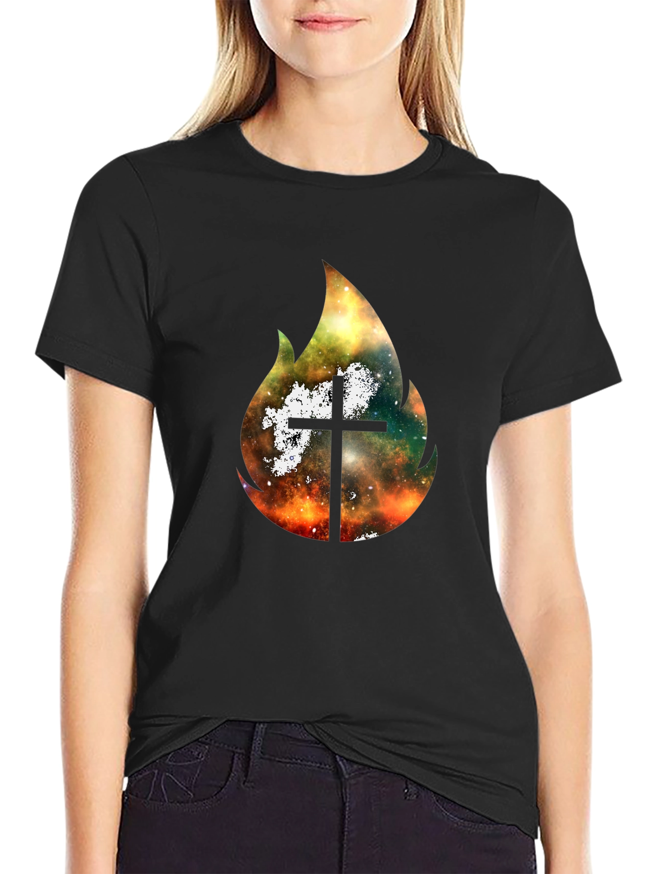 Celestial Cross Flame Graphic T-Shirt