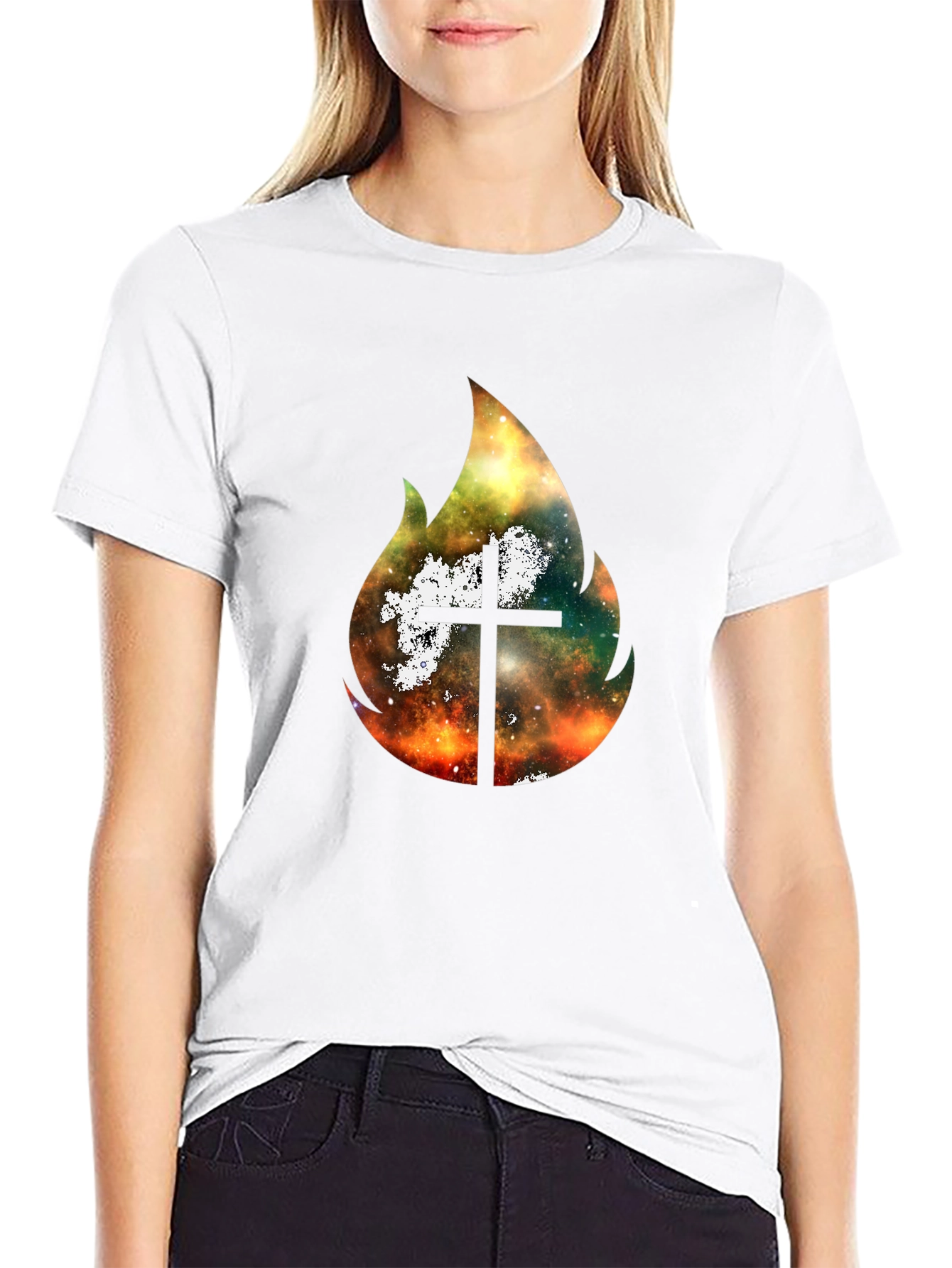 Celestial Cross Flame Graphic T-Shirt