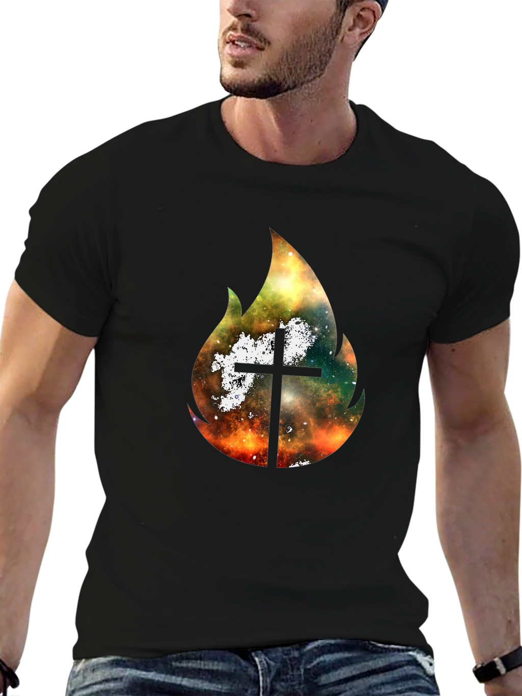 Celestial Cross Flame Graphic T-Shirt