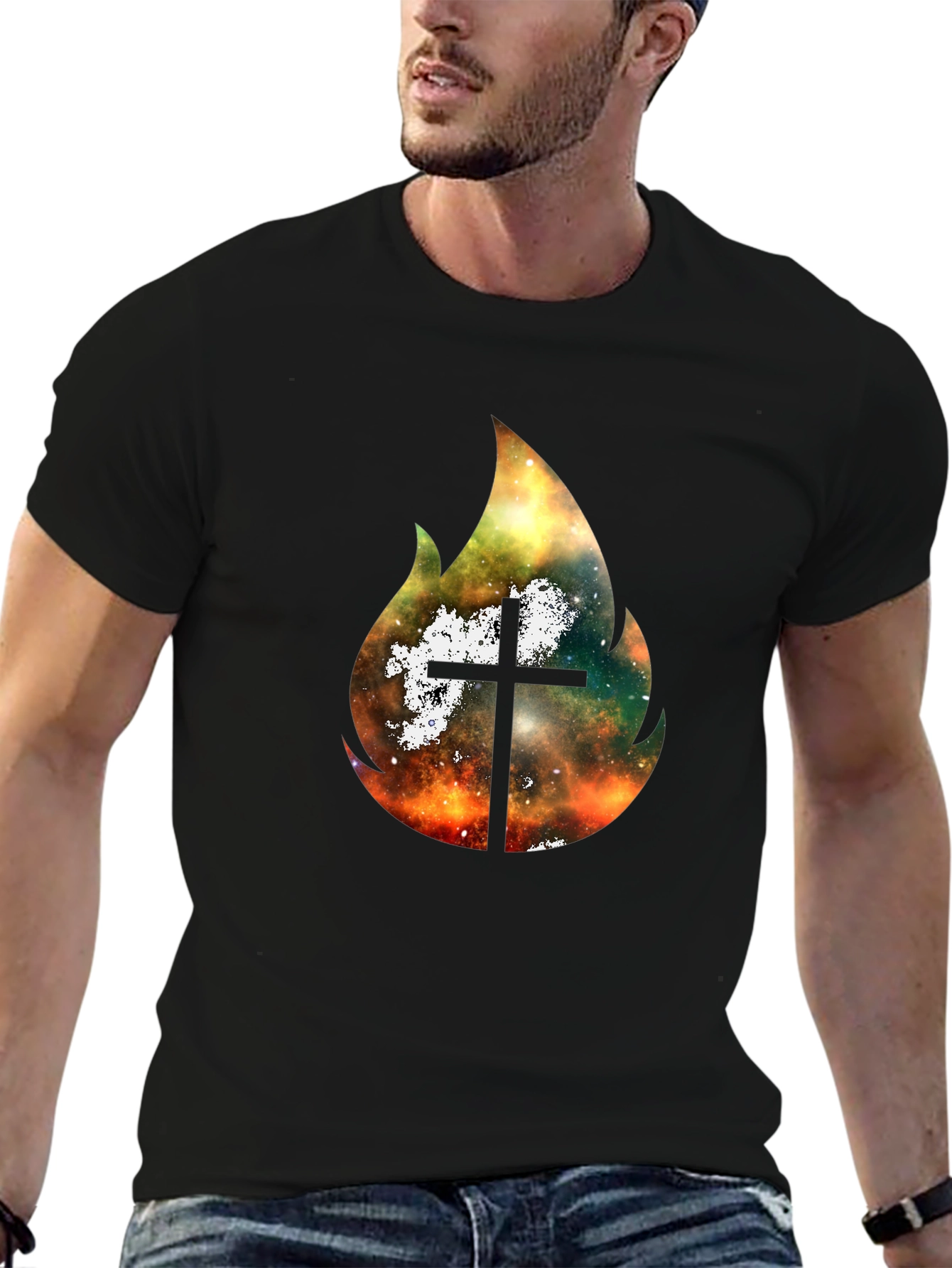 Celestial Cross Flame Graphic T-Shirt