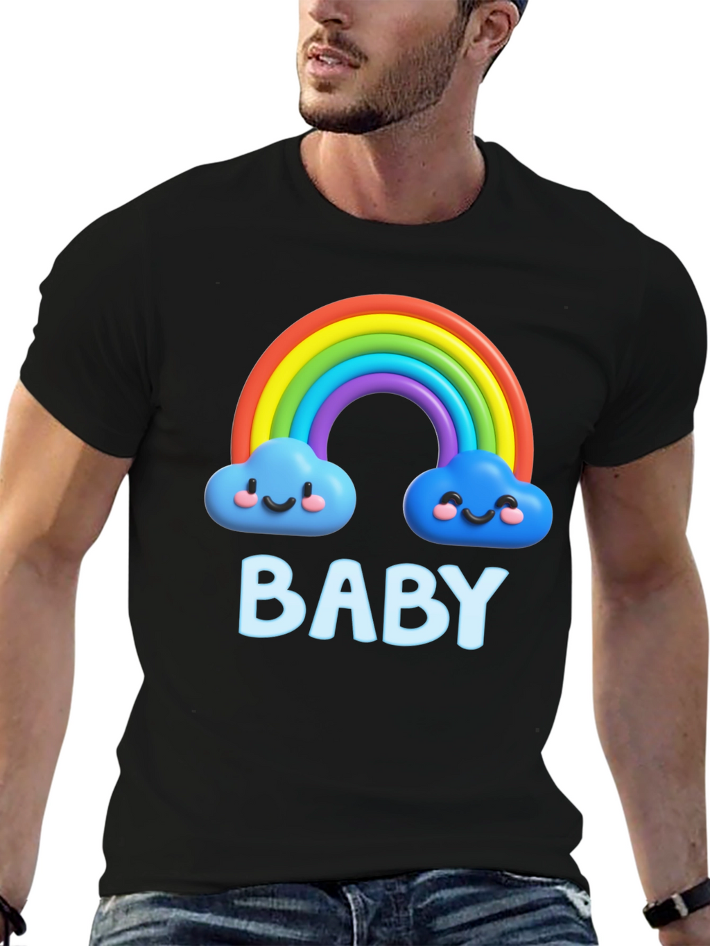 Cute Baby Rainbow Clouds Black T-Shirt