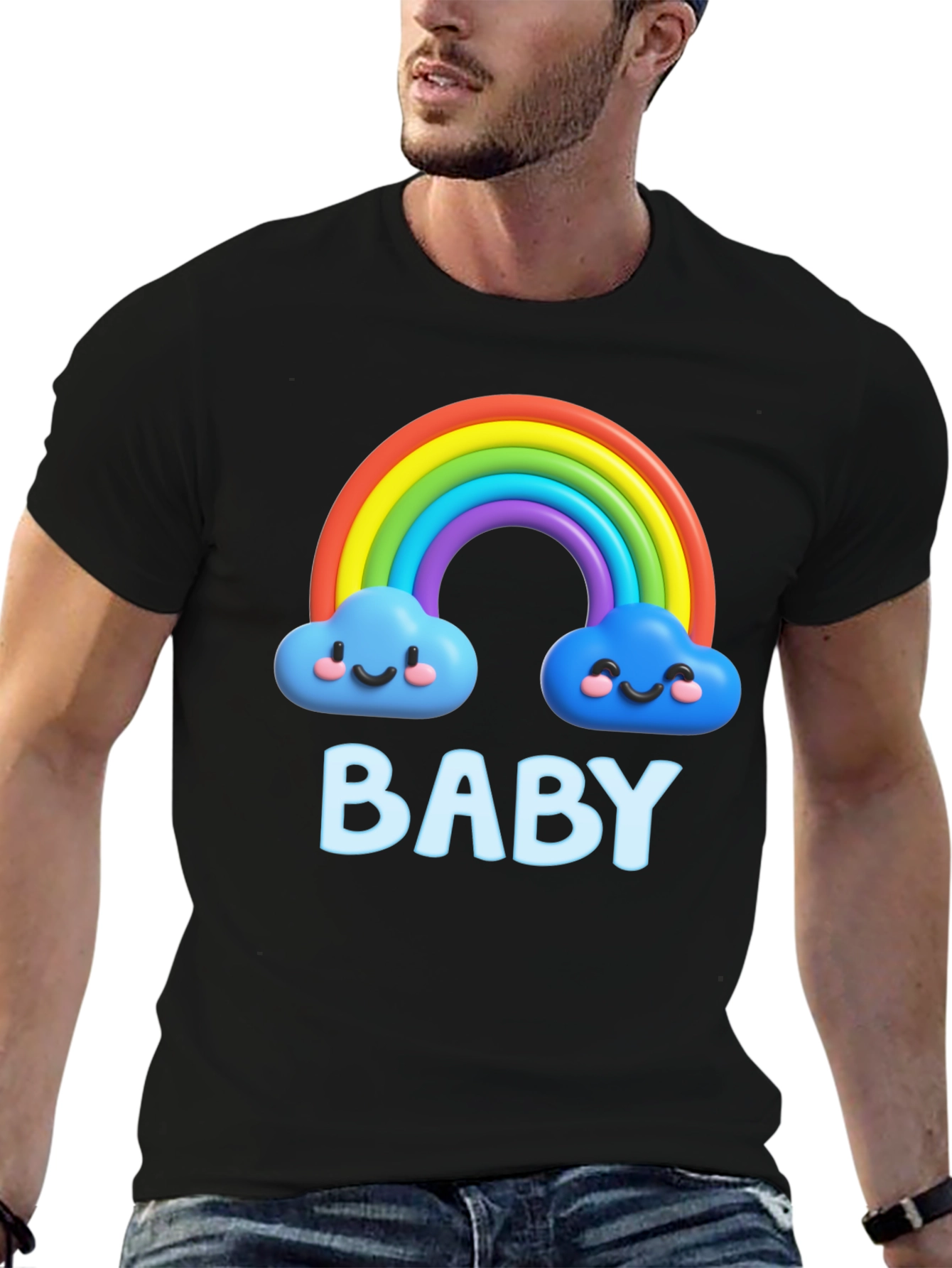 Cute Baby Rainbow Clouds Black T-Shirt