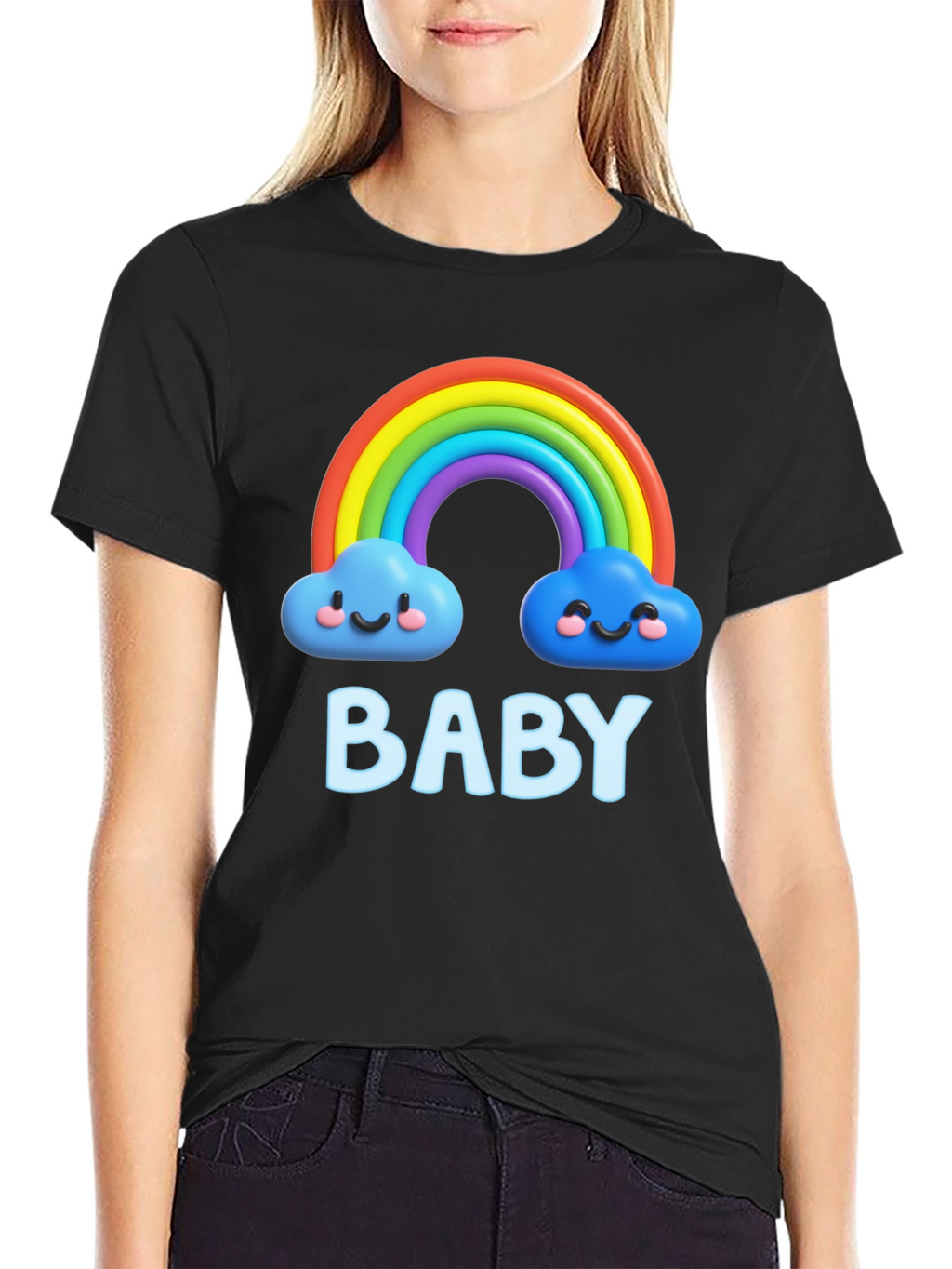 Cute Baby Rainbow Clouds Black T-Shirt