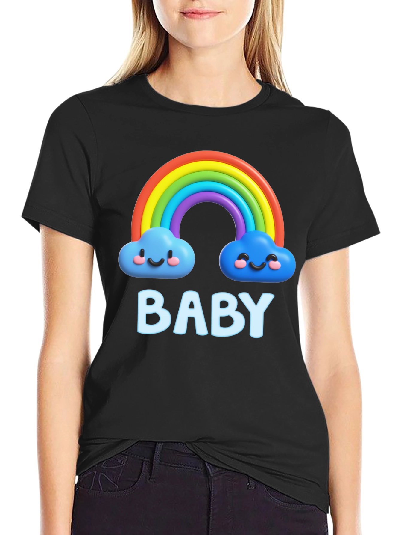 Cute Baby Rainbow Clouds Black T-Shirt