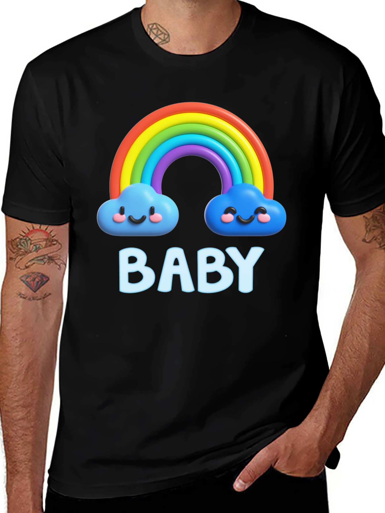 Cute Baby Rainbow Clouds Black T-Shirt