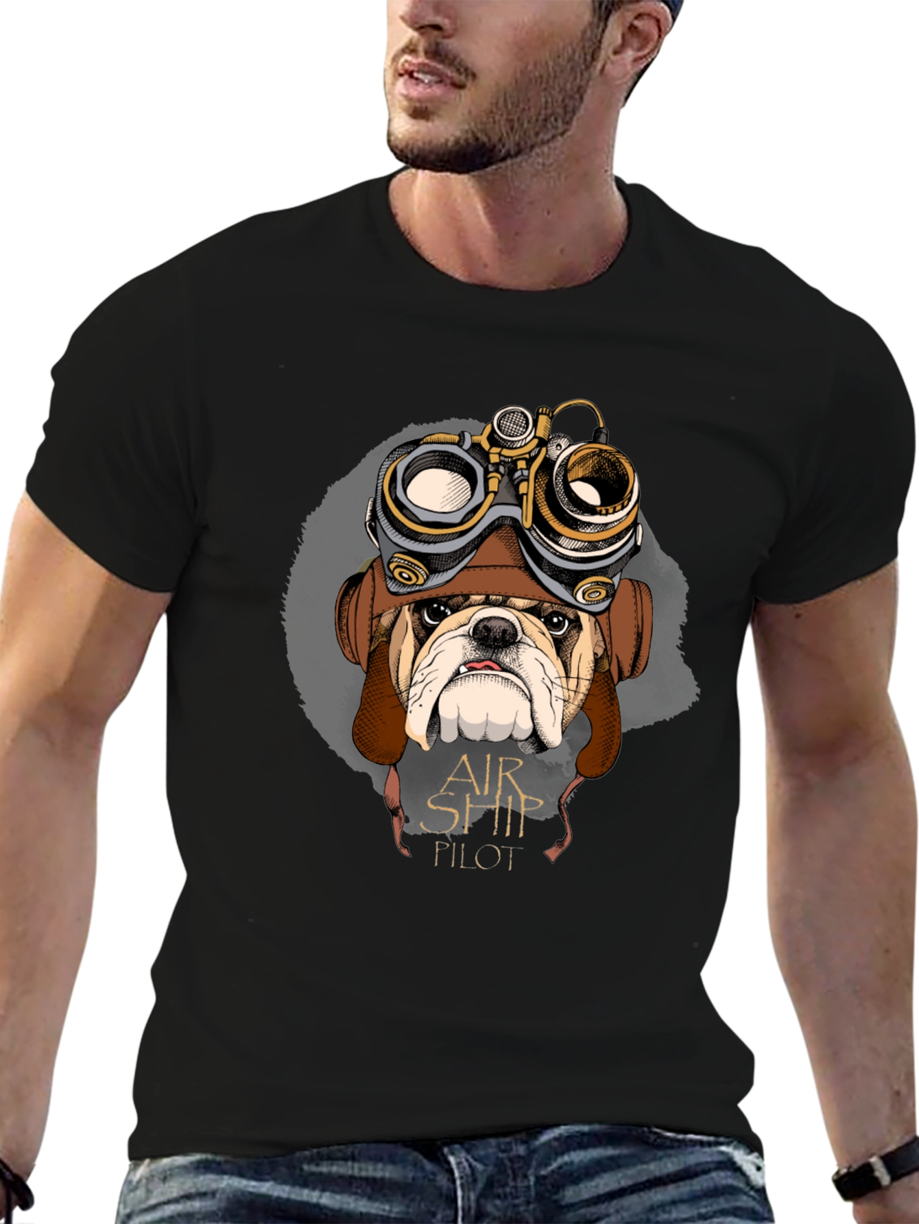 Airship Pilot Bulldog Graphic Tee - Black Cotton
