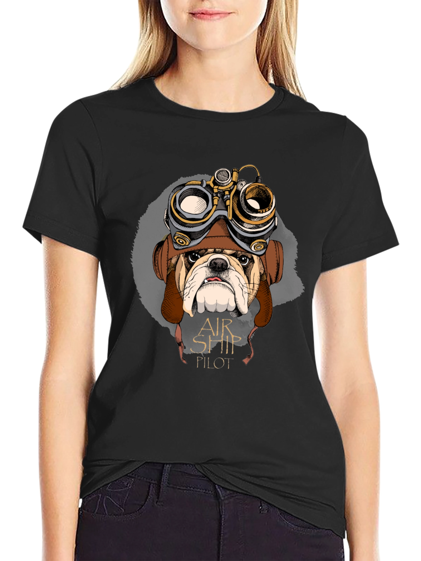 Airship Pilot Bulldog Graphic Tee - Black Cotton