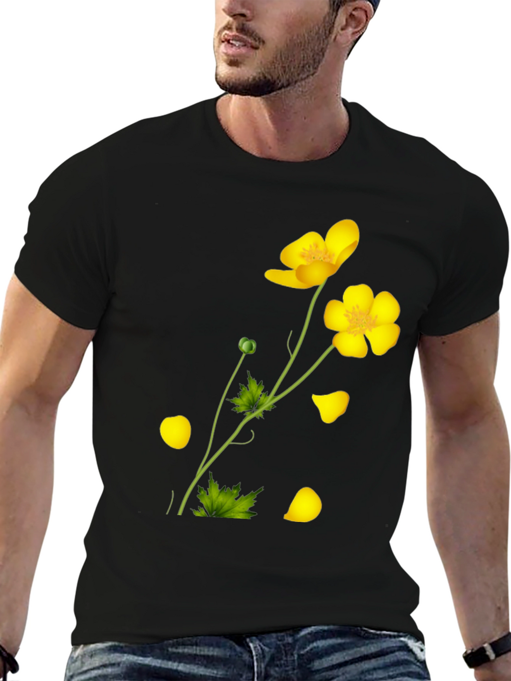 Black Tee with Yellow Floral Design