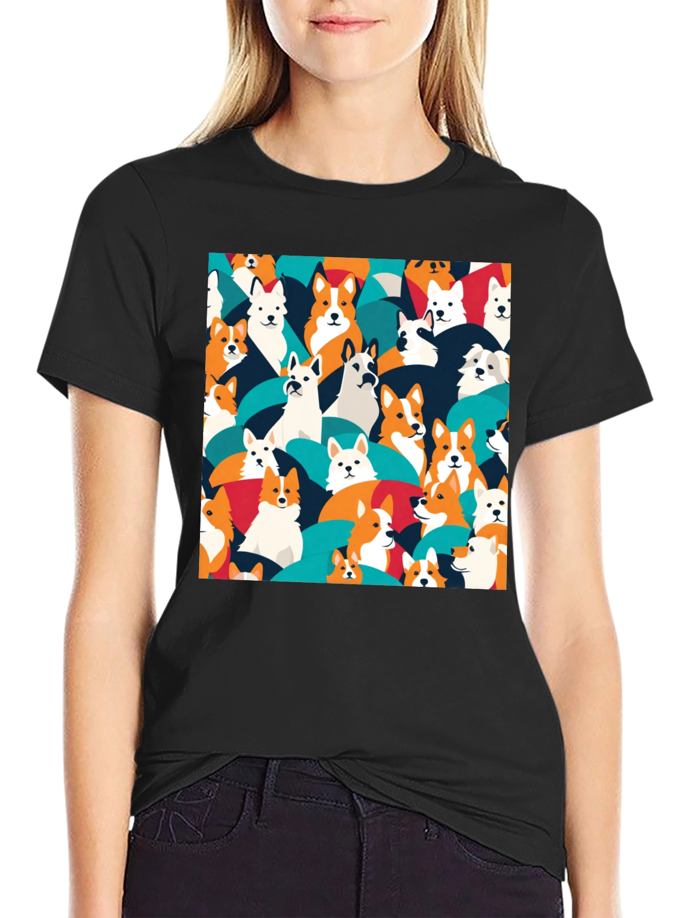Dog Pattern T-Shirt - Casual Black Tee