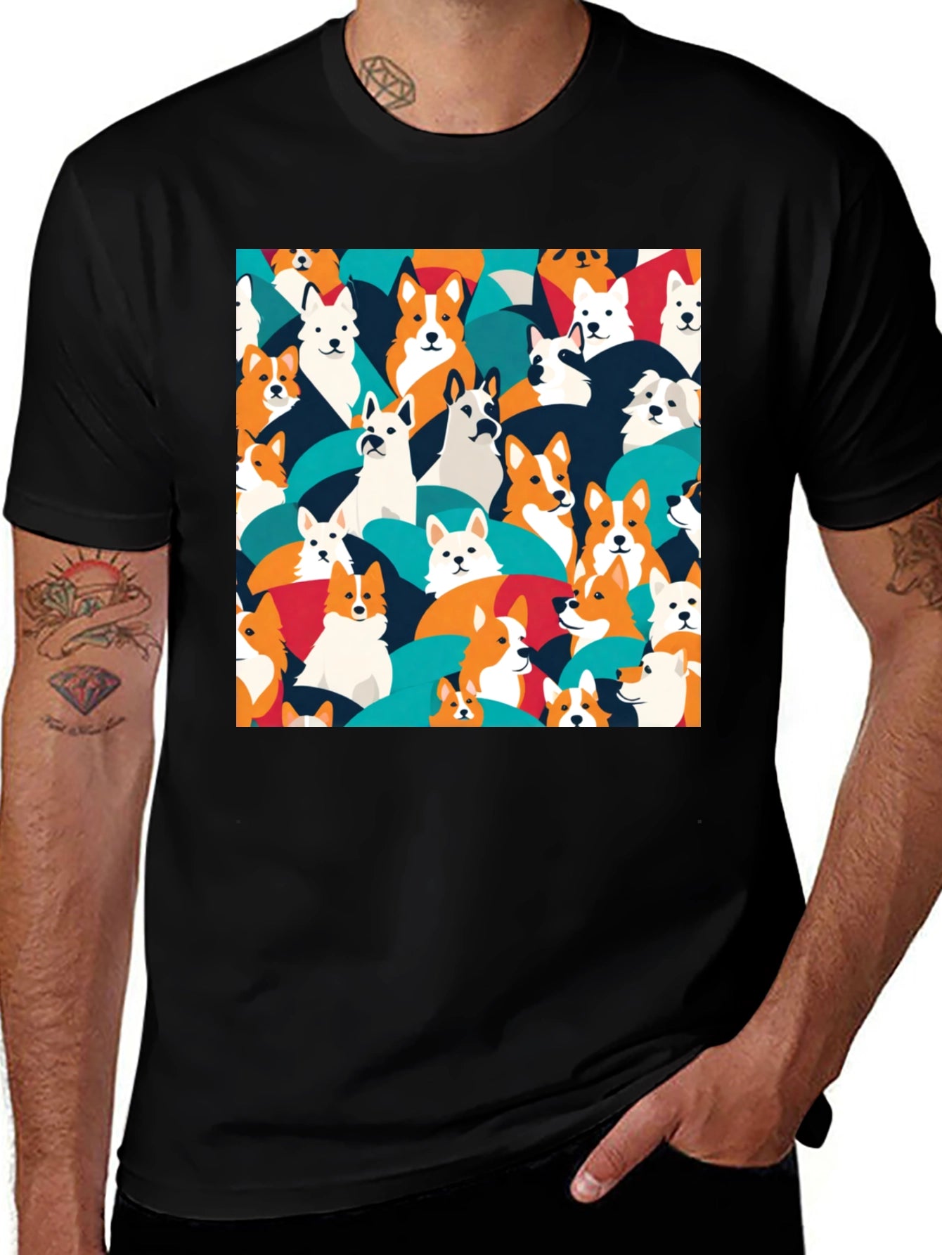 Dog Pattern T-Shirt - Casual Black Tee