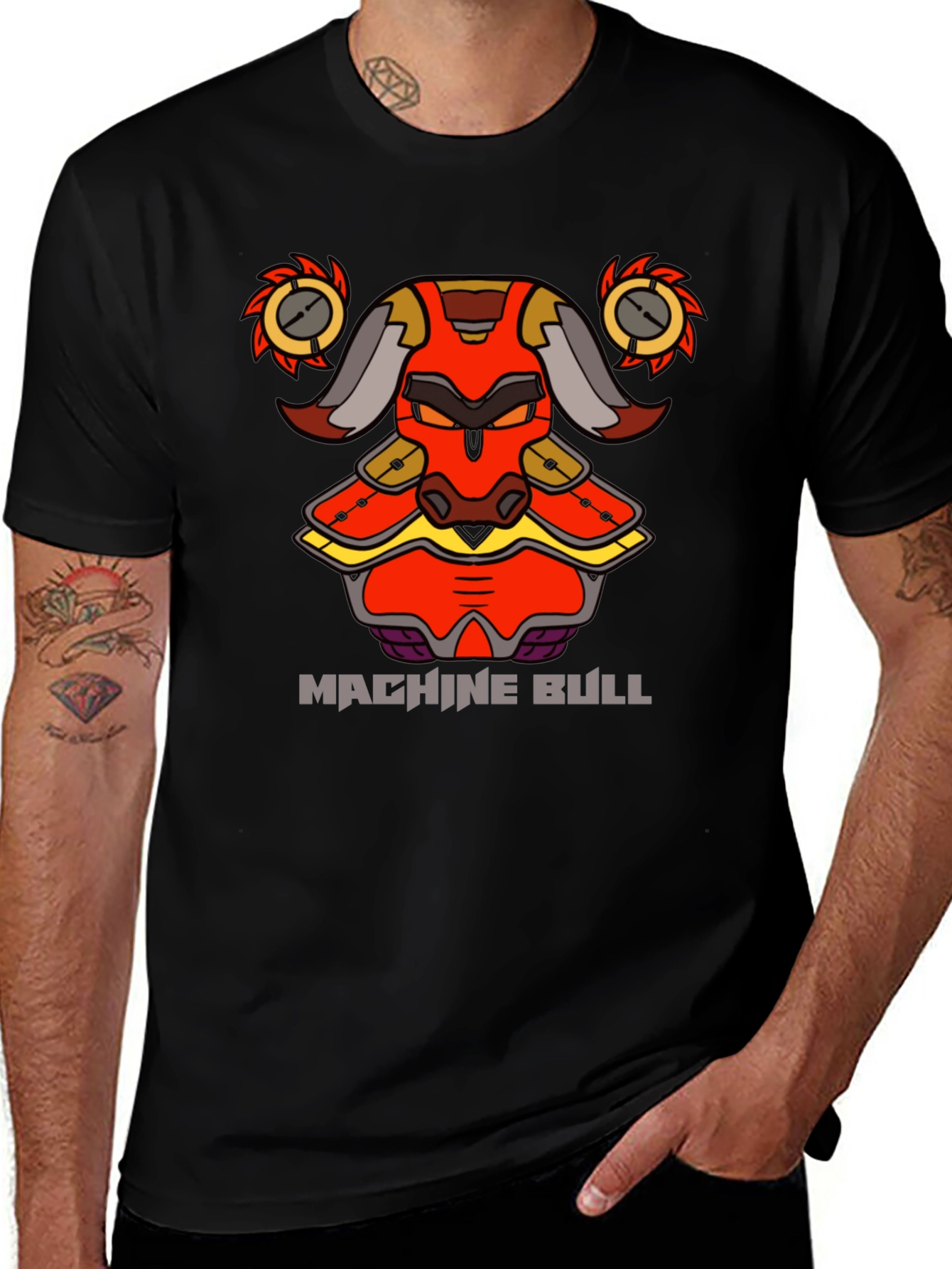Machine Bull Graphic Tee - Black Cotton T-Shirt