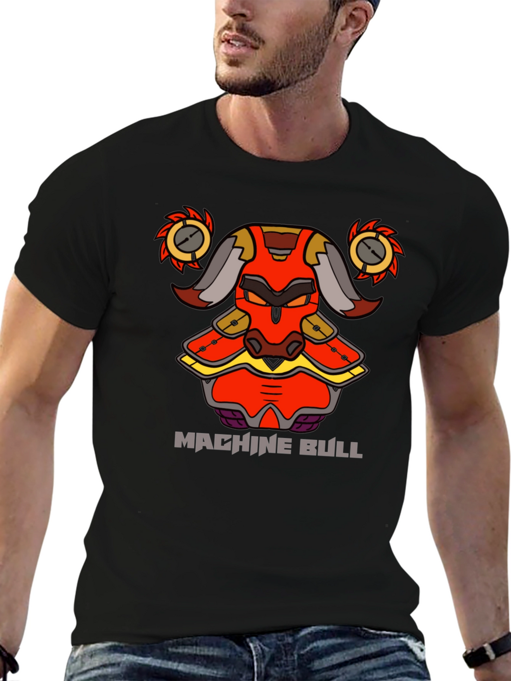Machine Bull Graphic Tee - Black Cotton T-Shirt