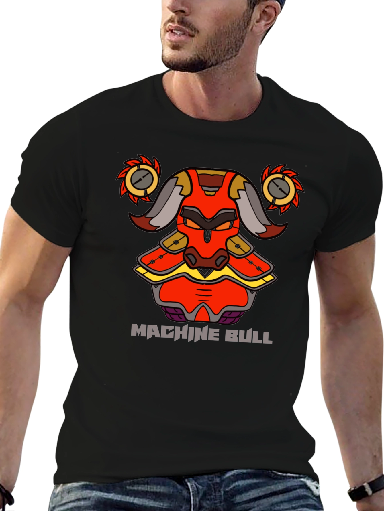 Machine Bull Graphic Tee - Black Cotton T-Shirt