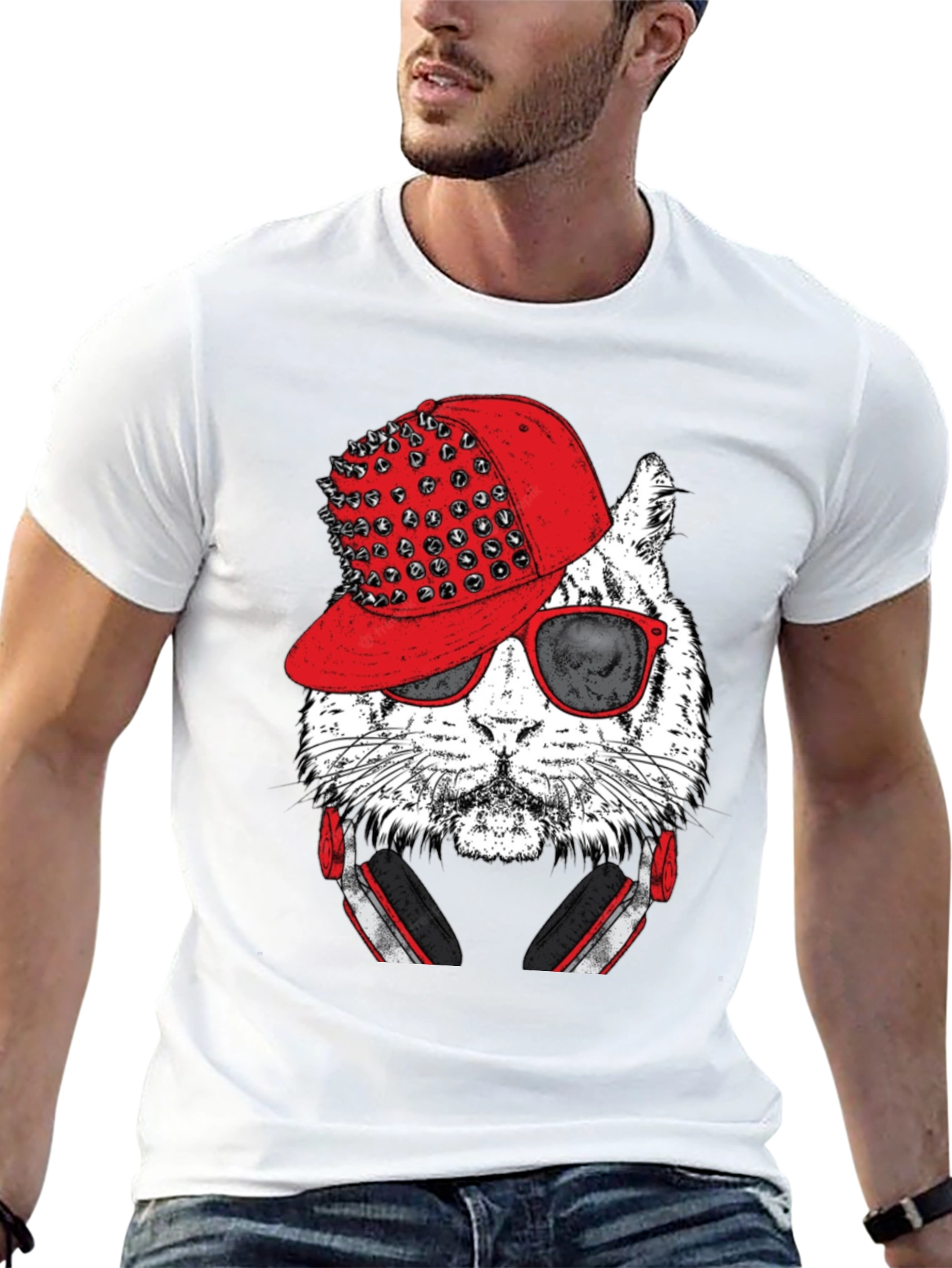Cool Cat Graphic Tee - Red Hat & Headphones