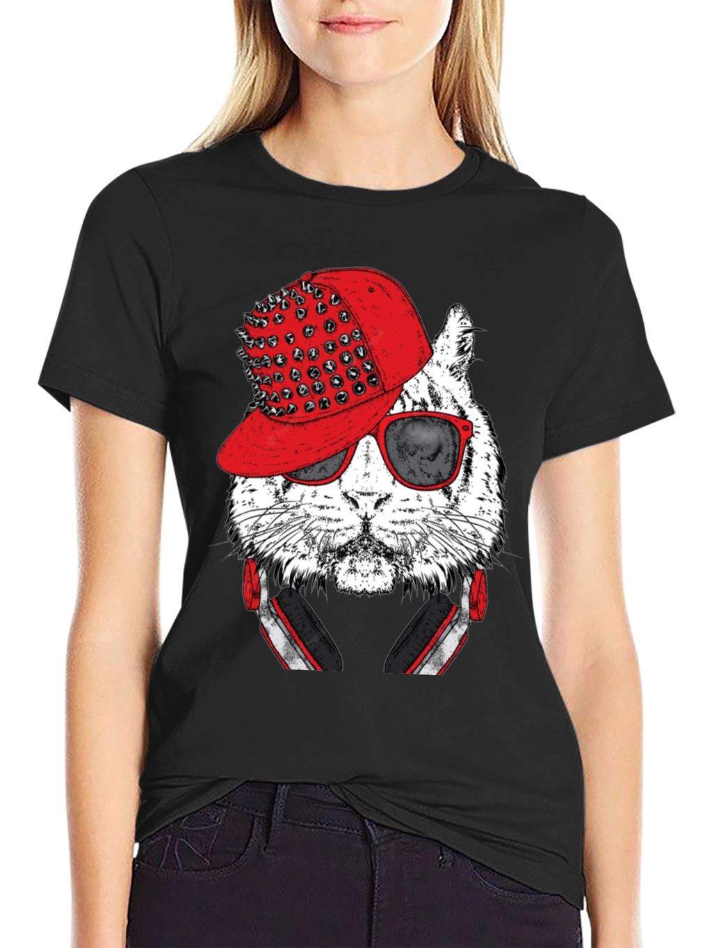 Cool Cat Graphic Tee - Red Hat & Headphones