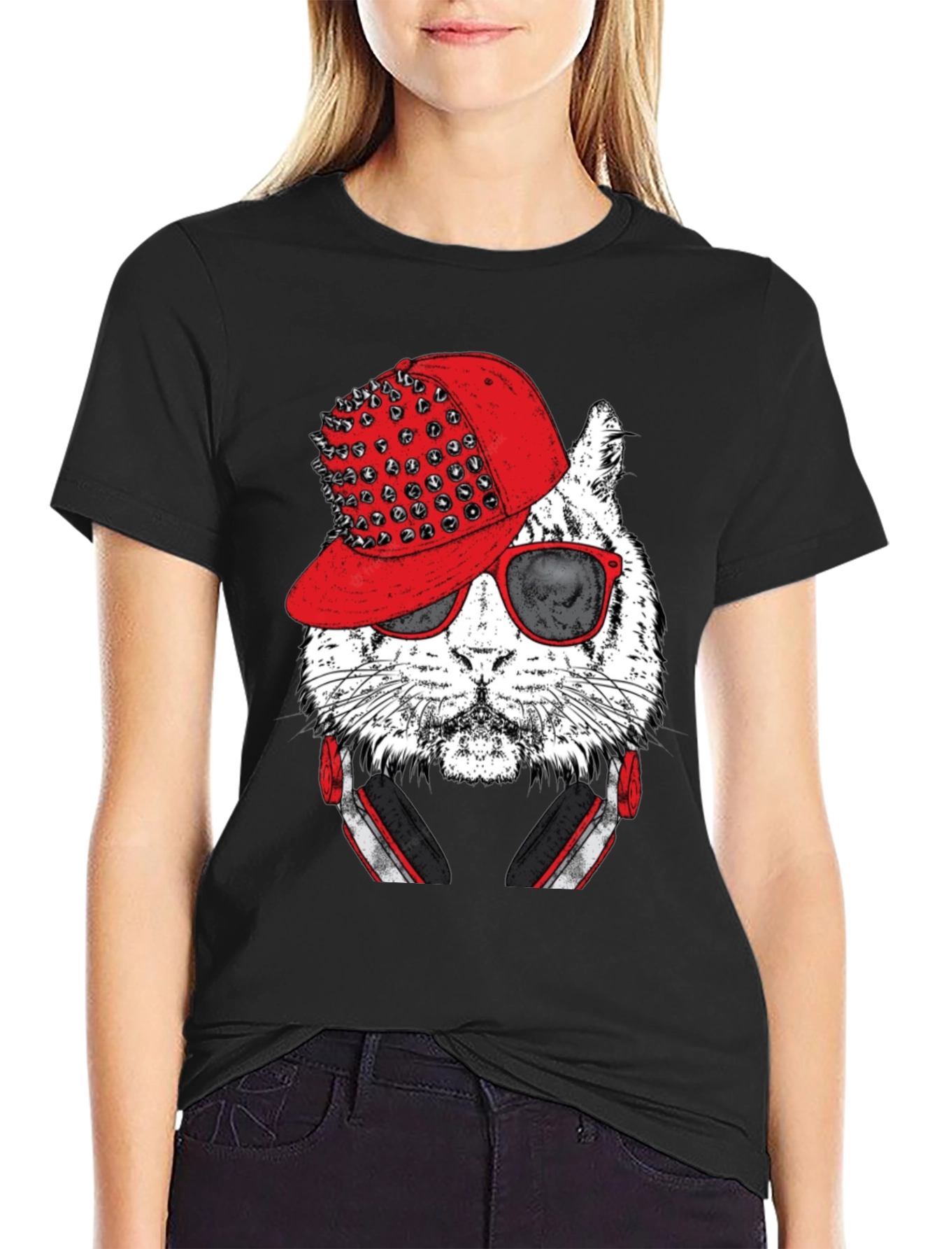 Cool Cat Graphic Tee - Red Hat & Headphones