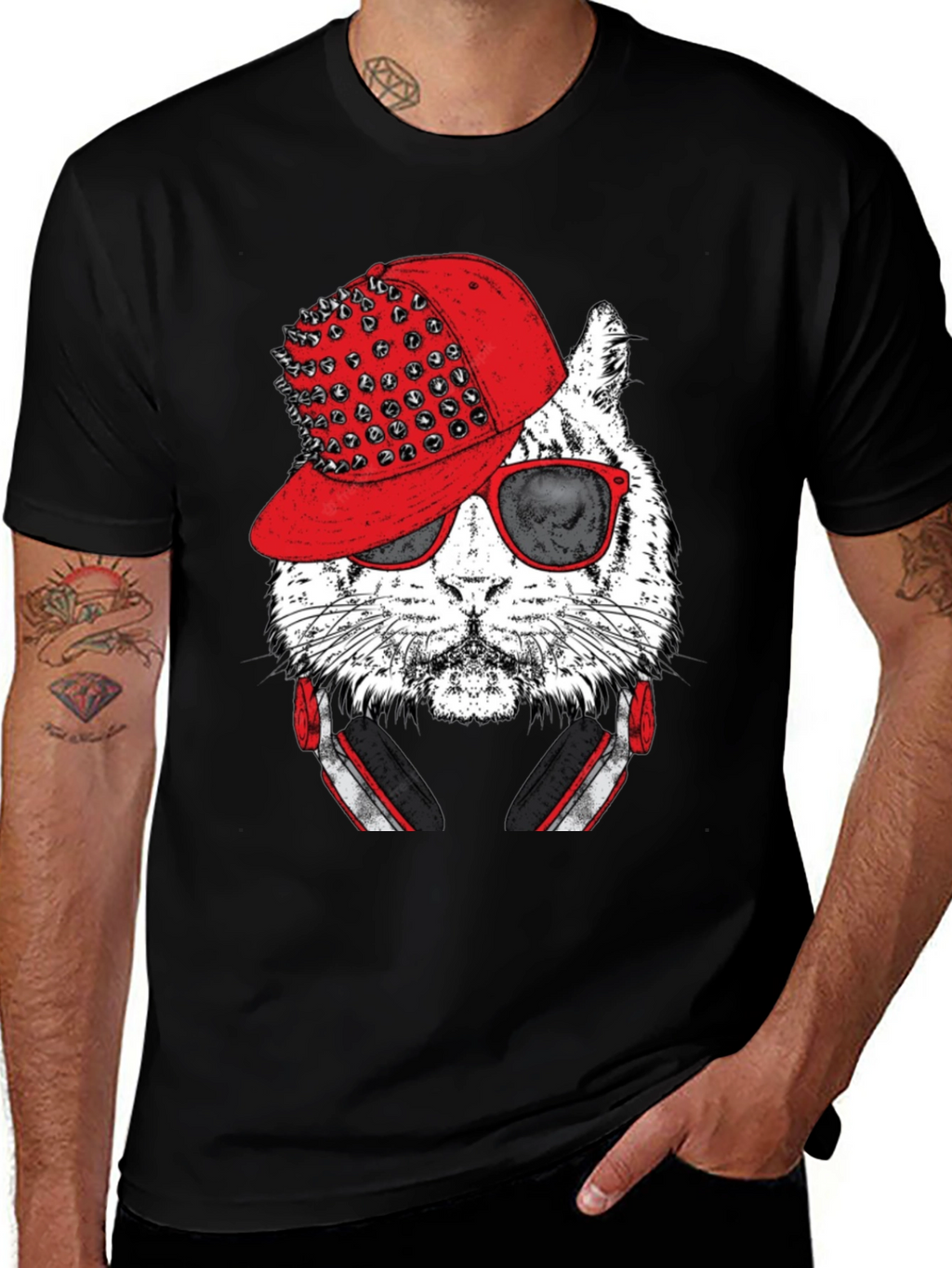 Cool Cat Graphic Tee - Red Hat & Headphones