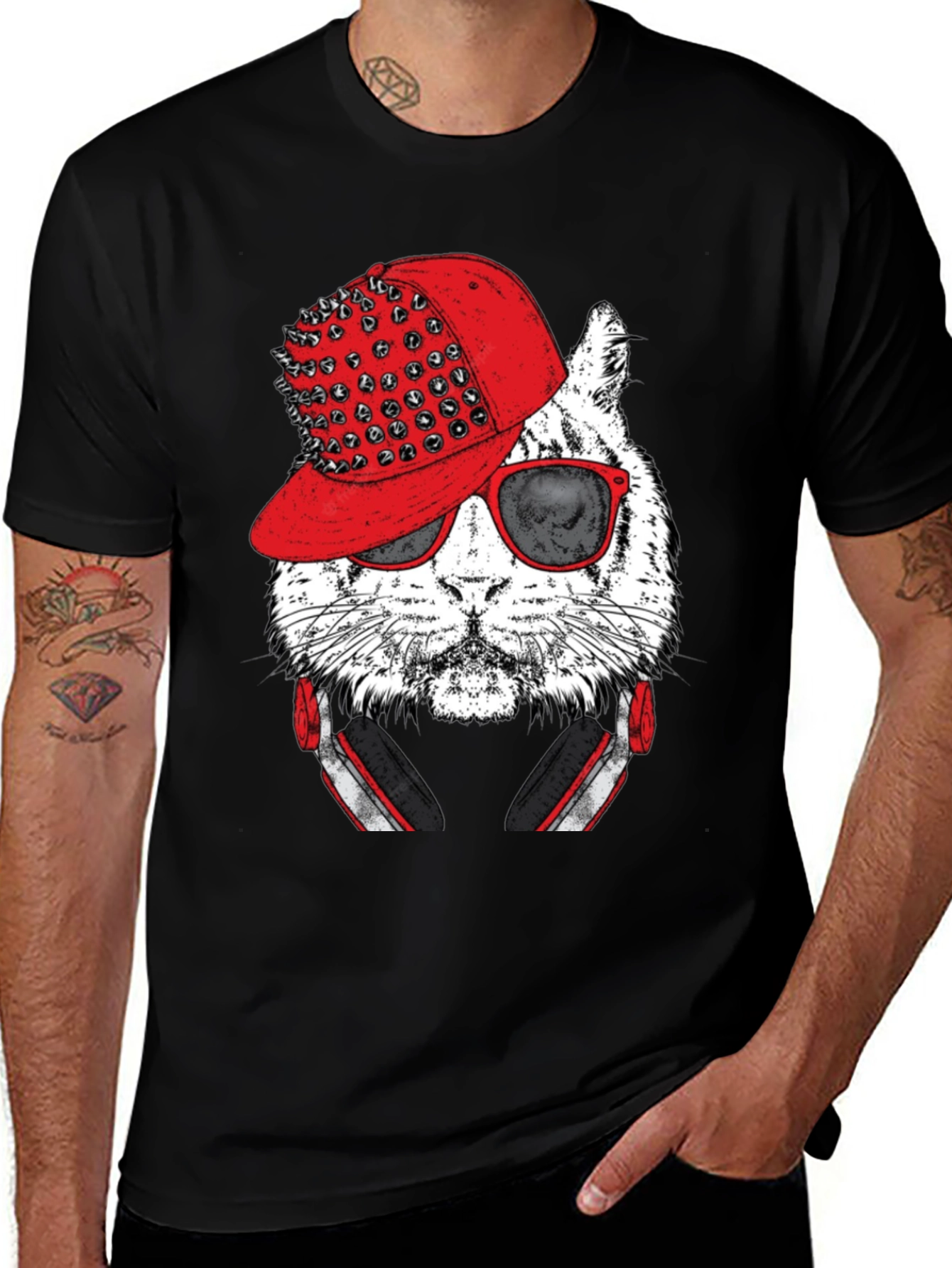Cool Cat Graphic Tee - Red Hat & Headphones