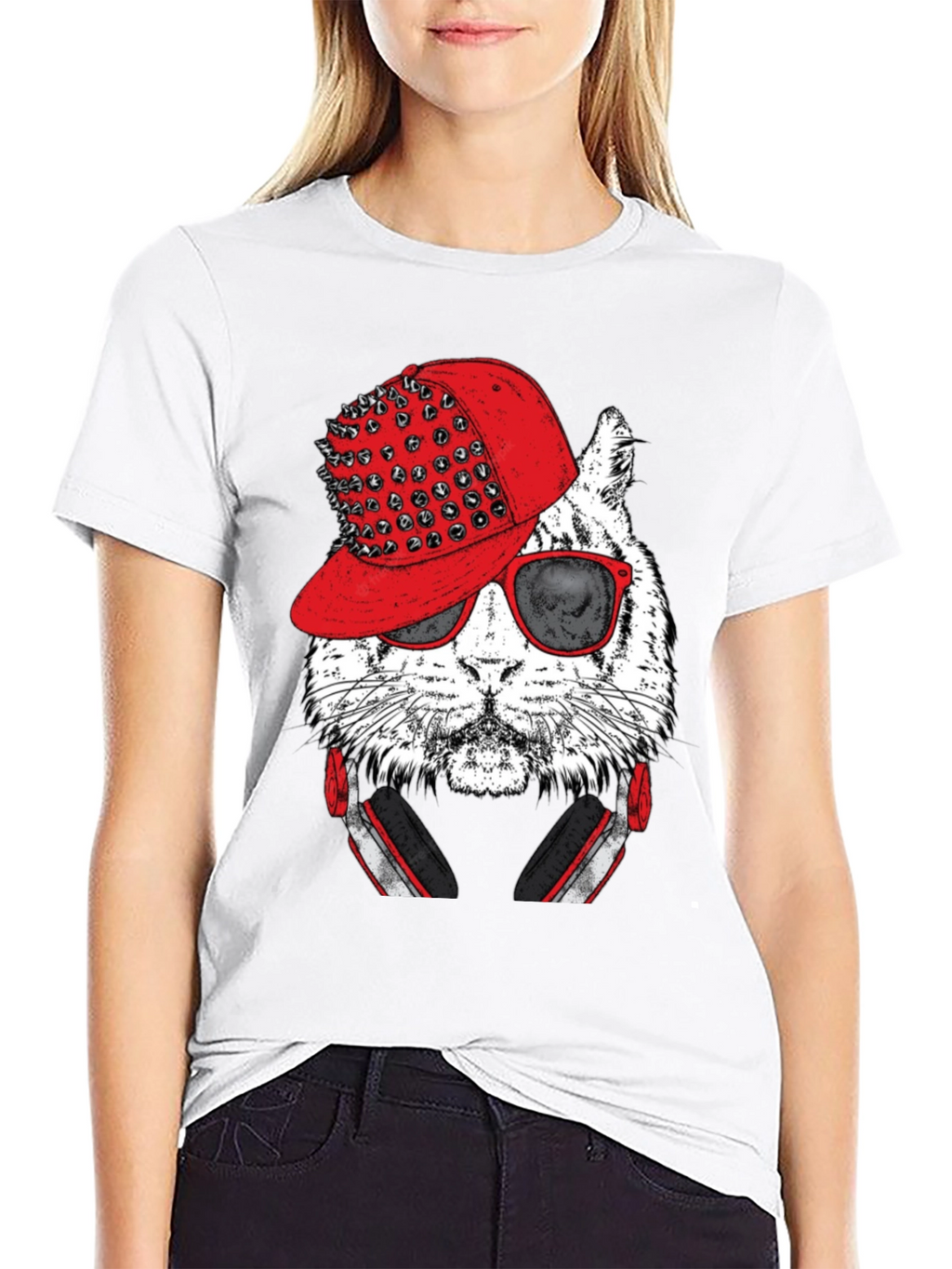 Cool Cat Graphic Tee - Red Hat & Headphones